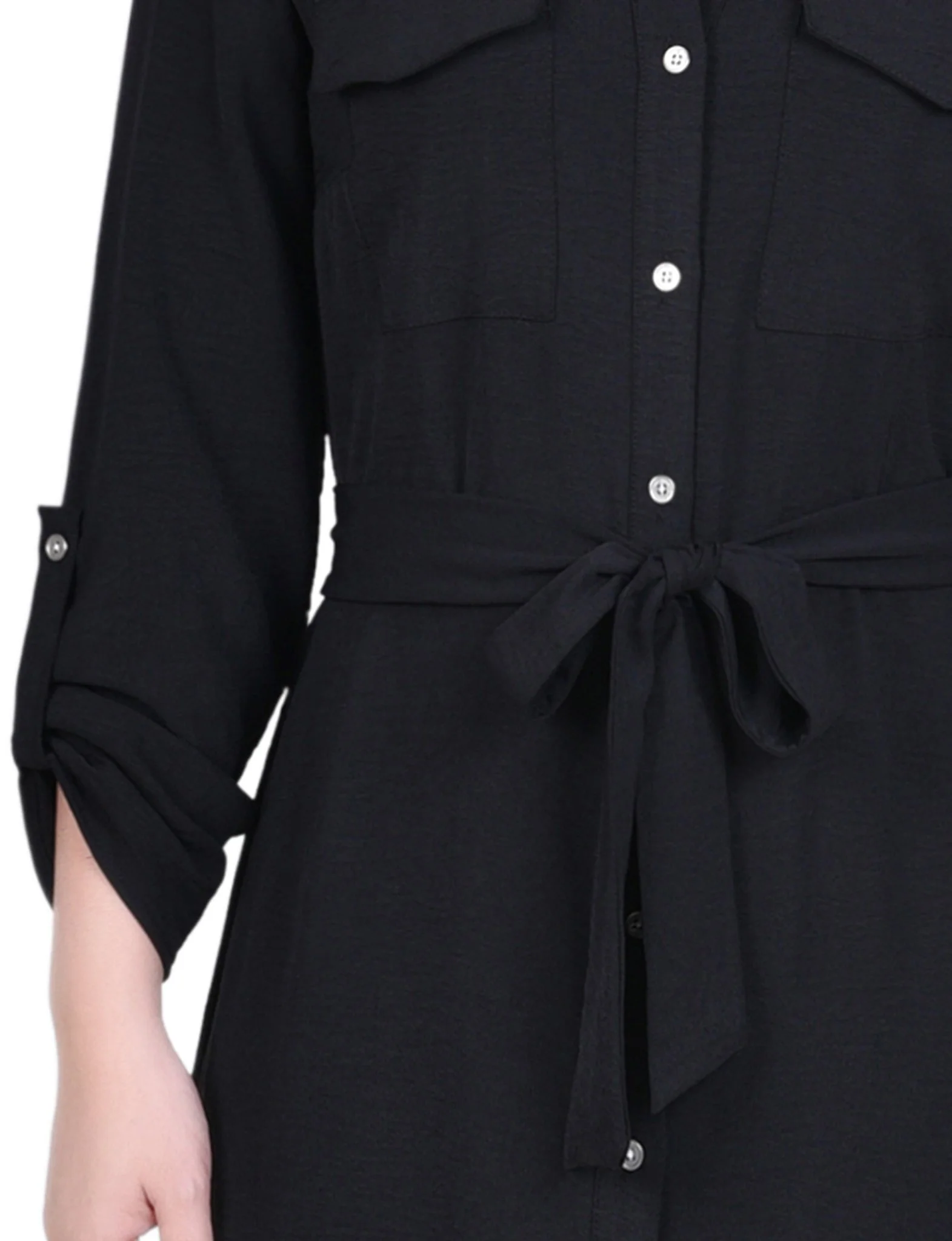 Black Long Roll Tab Sleeve Shirtdress - Image 4