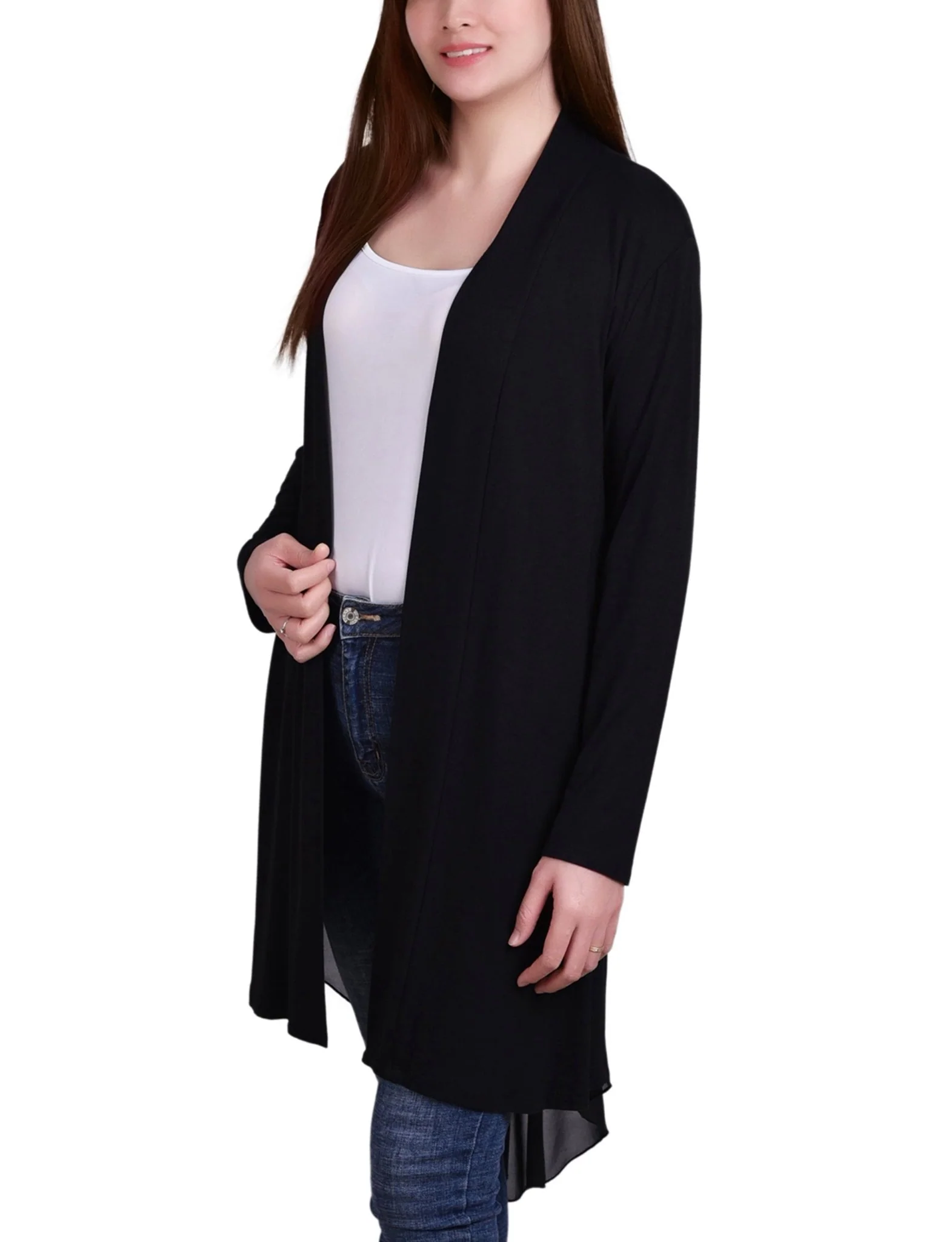 Black Long Sleeve Knit Cardigan With Chiffon Back - Image 2