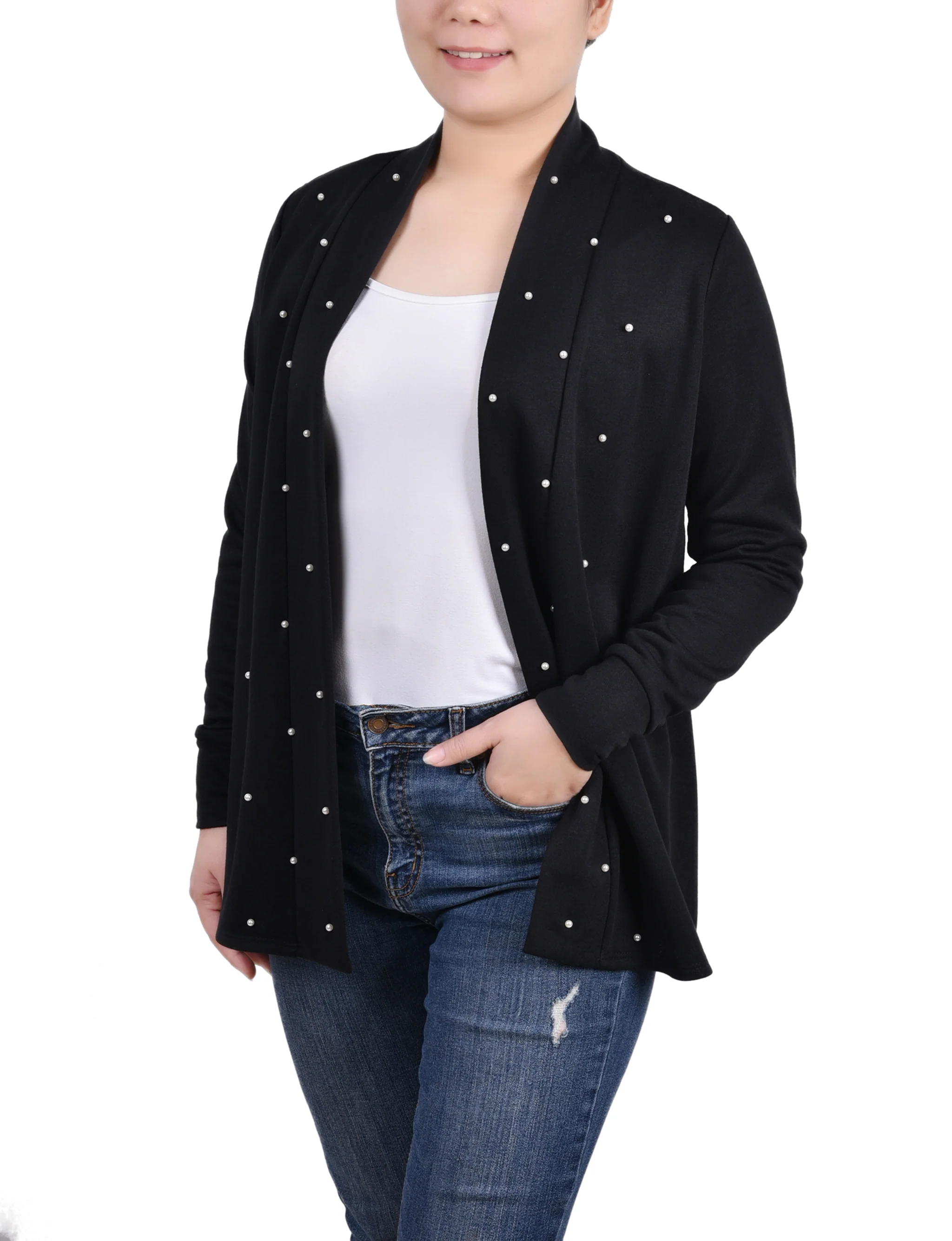 Black Long Sleeve Pearl Detail Cardigan - Image 3