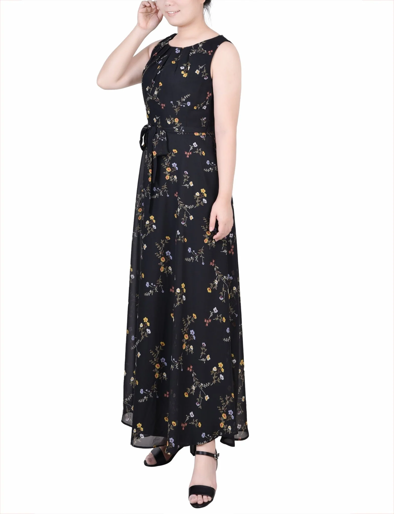 Black Must Vine Sleeveless Belted Chiffon Maxi Dress - Petite - Image 2