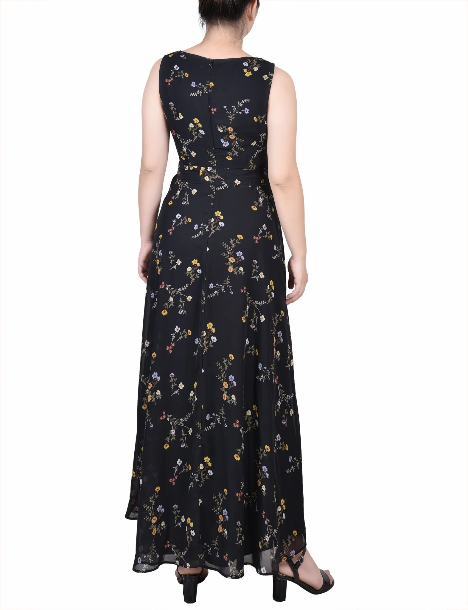 Black Must Vine Sleeveless Belted Chiffon Maxi Dress - Petite - Image 3