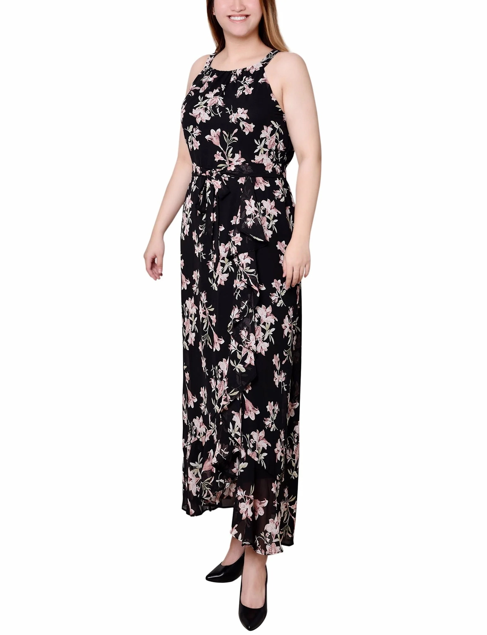 Black Pink Halter Front Chiffon Maxi Dress - Petite - Image 2
