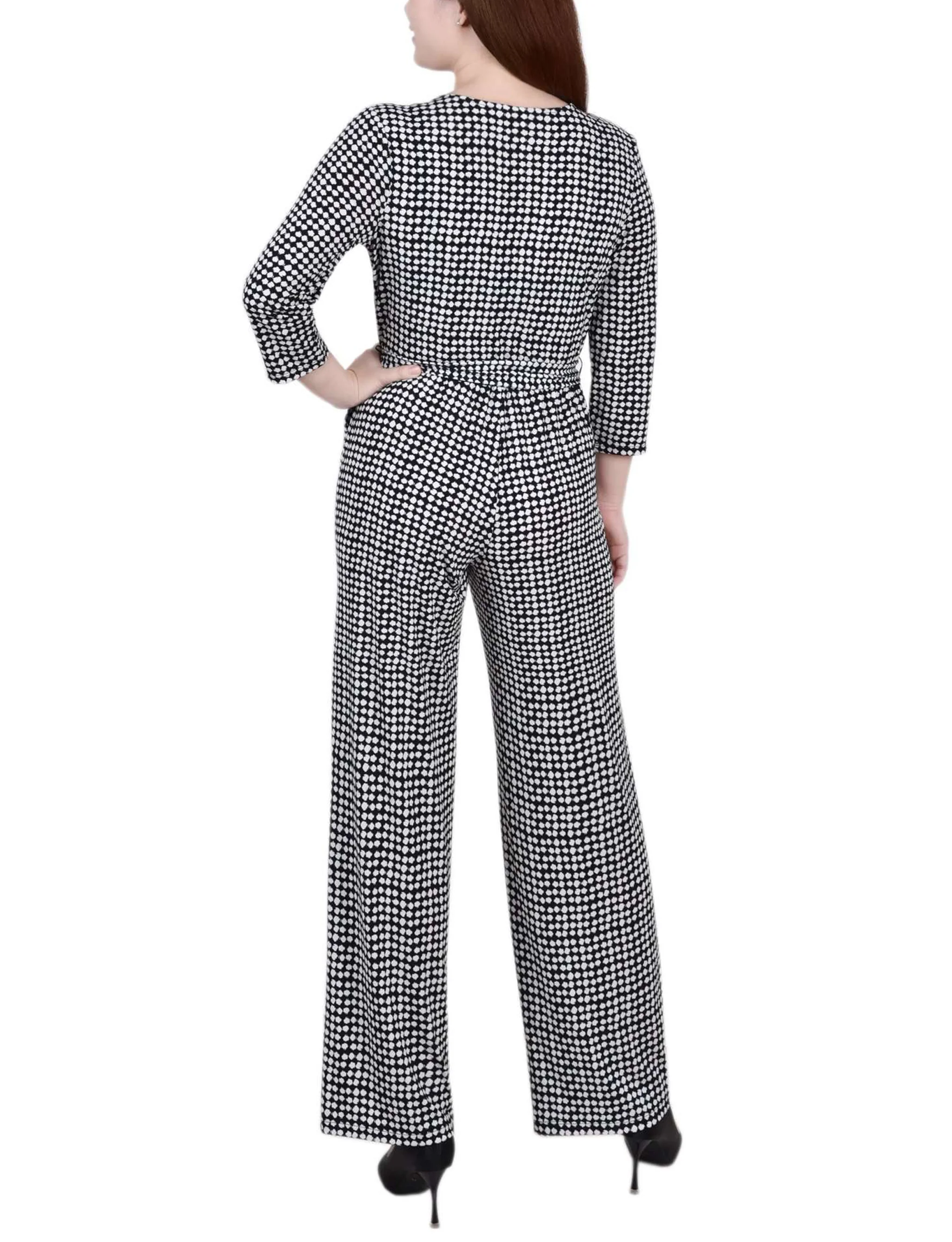 Black Polka Dot 3/4 Sleeve Belted Jumpsuit - Petite - Image 4