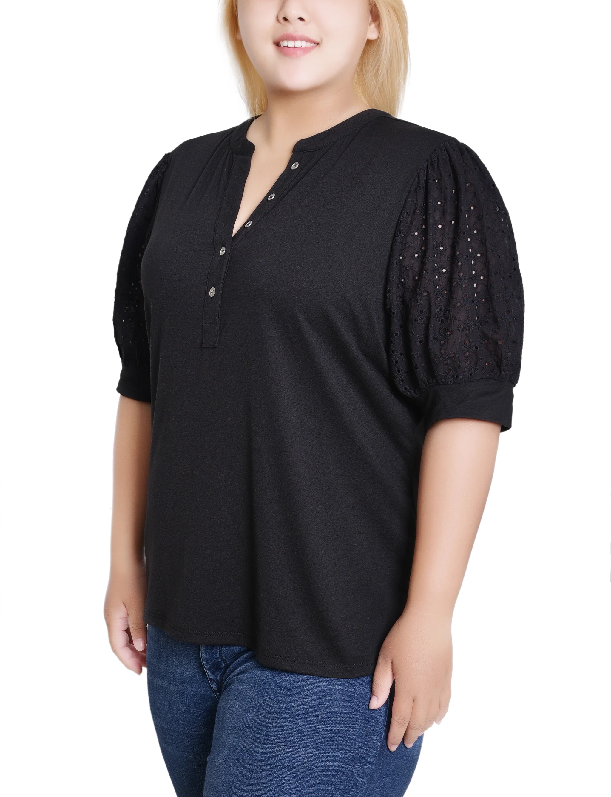 Black Puff Elbow Sleeve Top - Plus - Image 3
