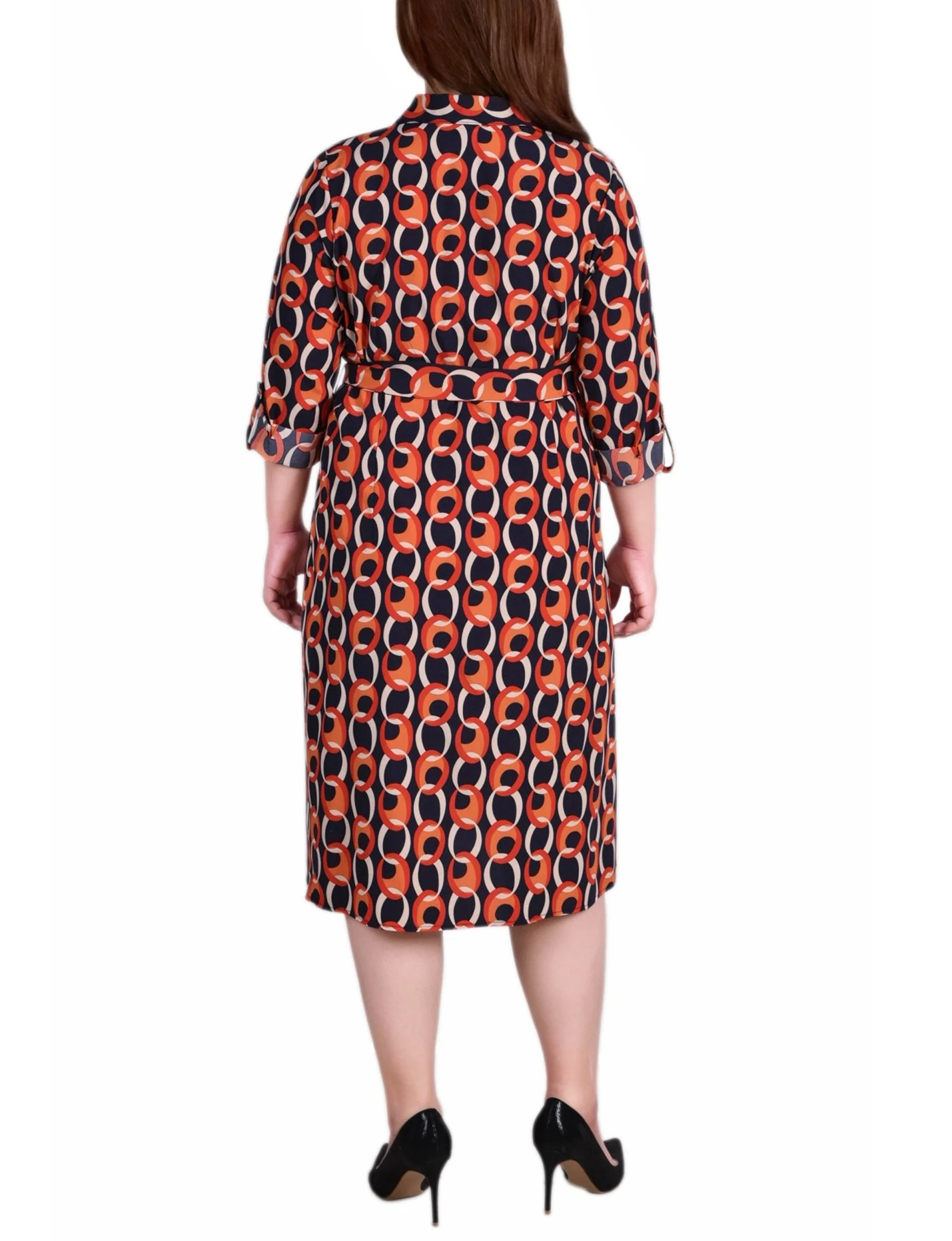 Black Red Circle Chain 3/4 Roll Tab Sleeve Belted Shirtdress - Plus - Image 3