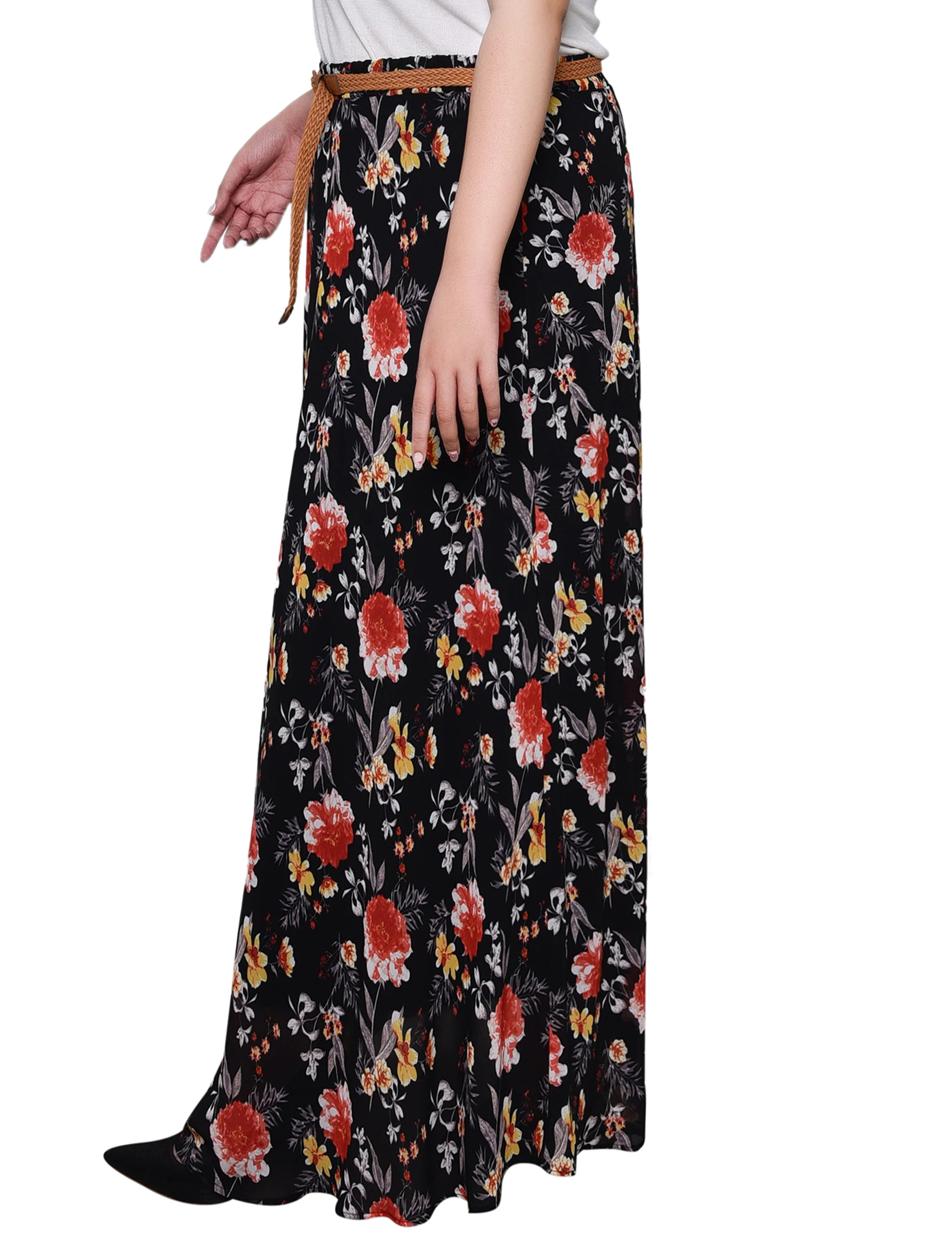 Black Red Gold Floral Chiffon Maxi Skirt - Plus - Image 2