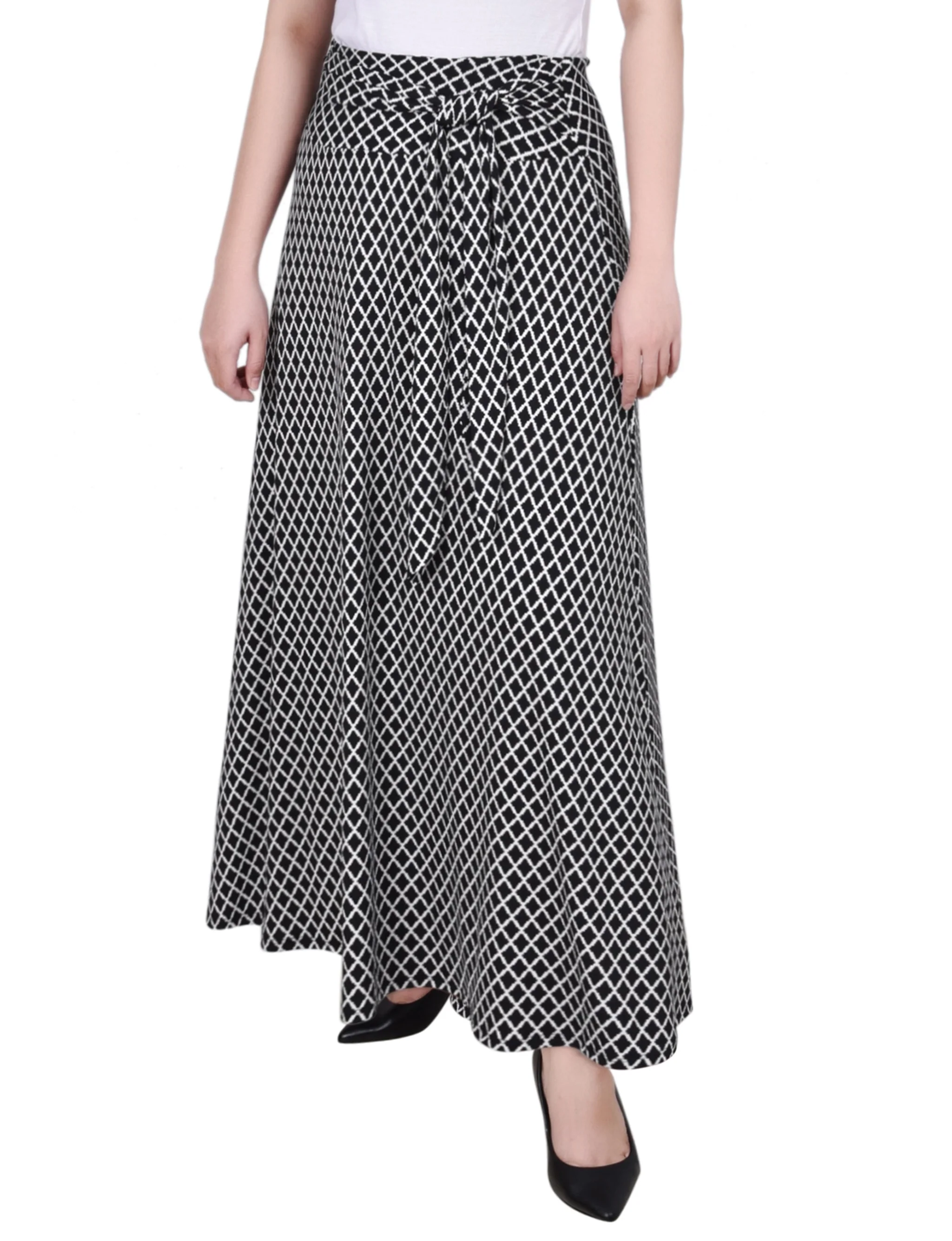 Black Serrated Rhombus Maxi Skirt With Sash Waist Tie - Petite - Image 2