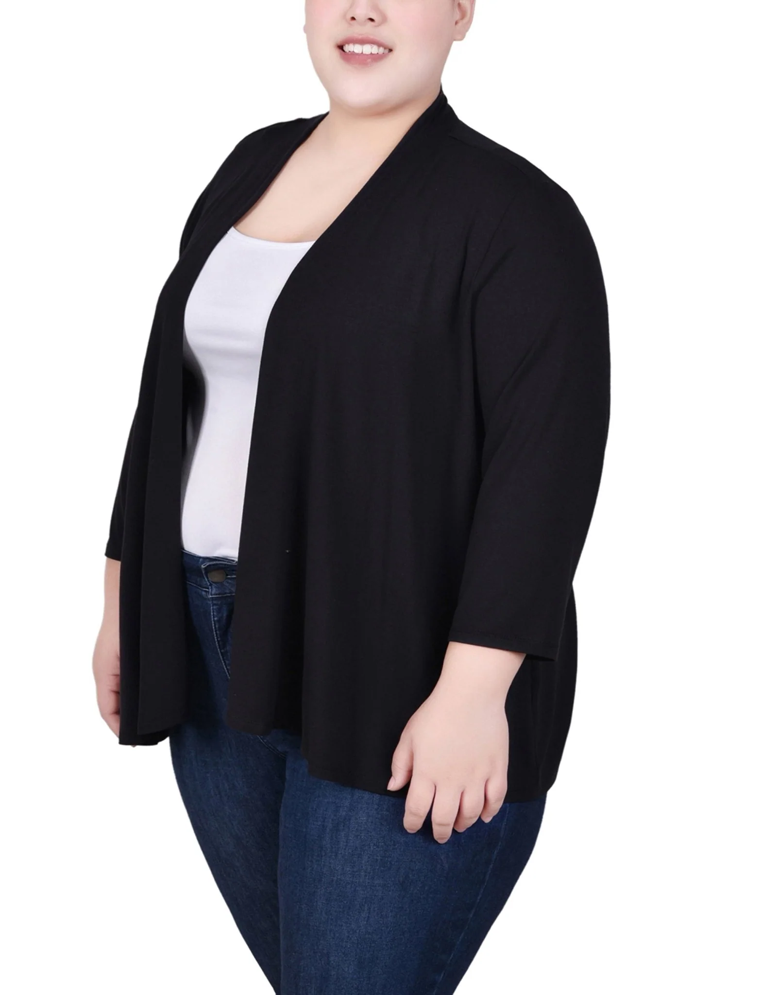 Black Solid 3/4 Sleeve Cardigan - Plus - Image 2