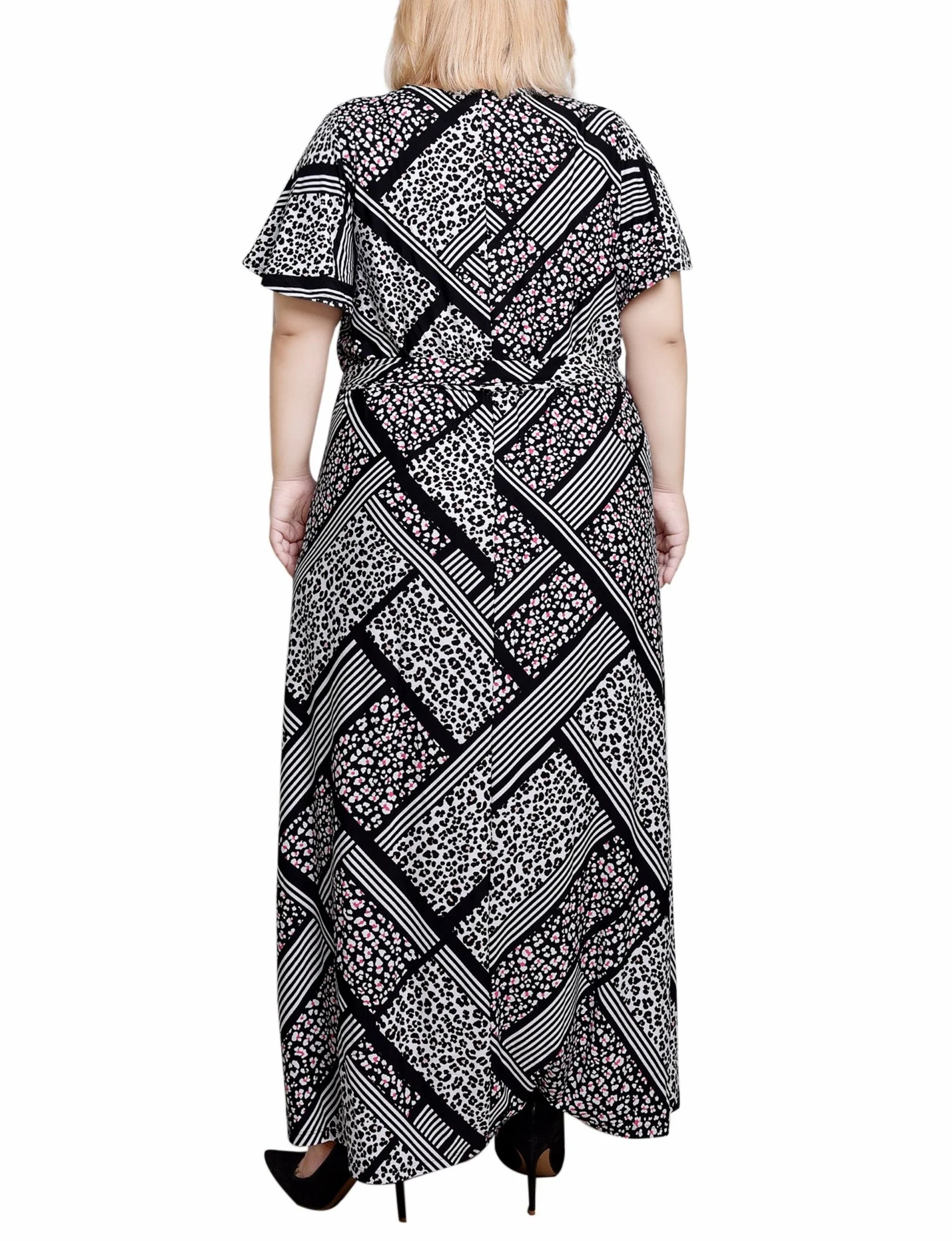 Black Spot Spatch Flutter Sleeve Belted Maxi Dress - Plus - Image 3