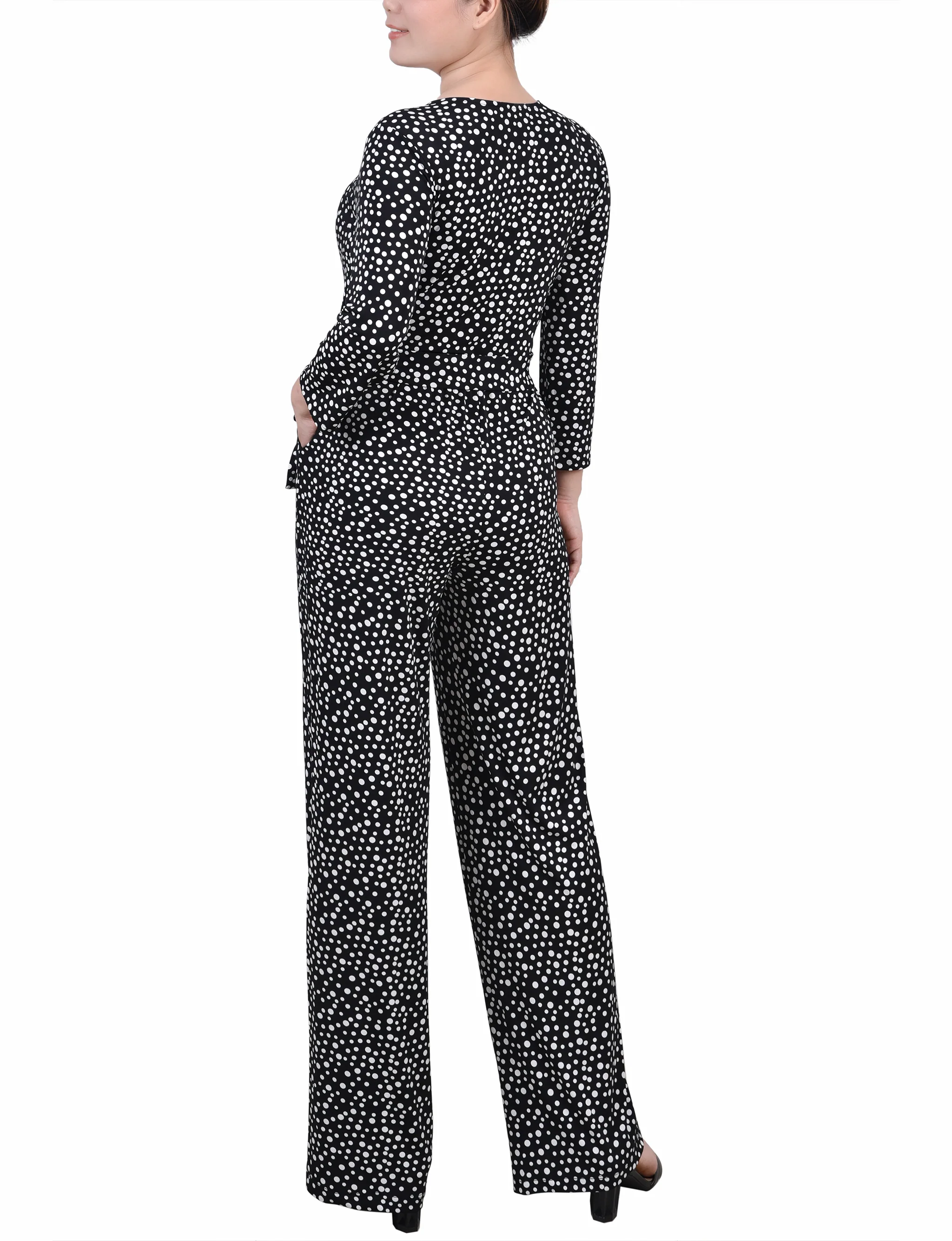 Black Spotted 3/4 Sleeve Belted Jumpsuit - Image 4