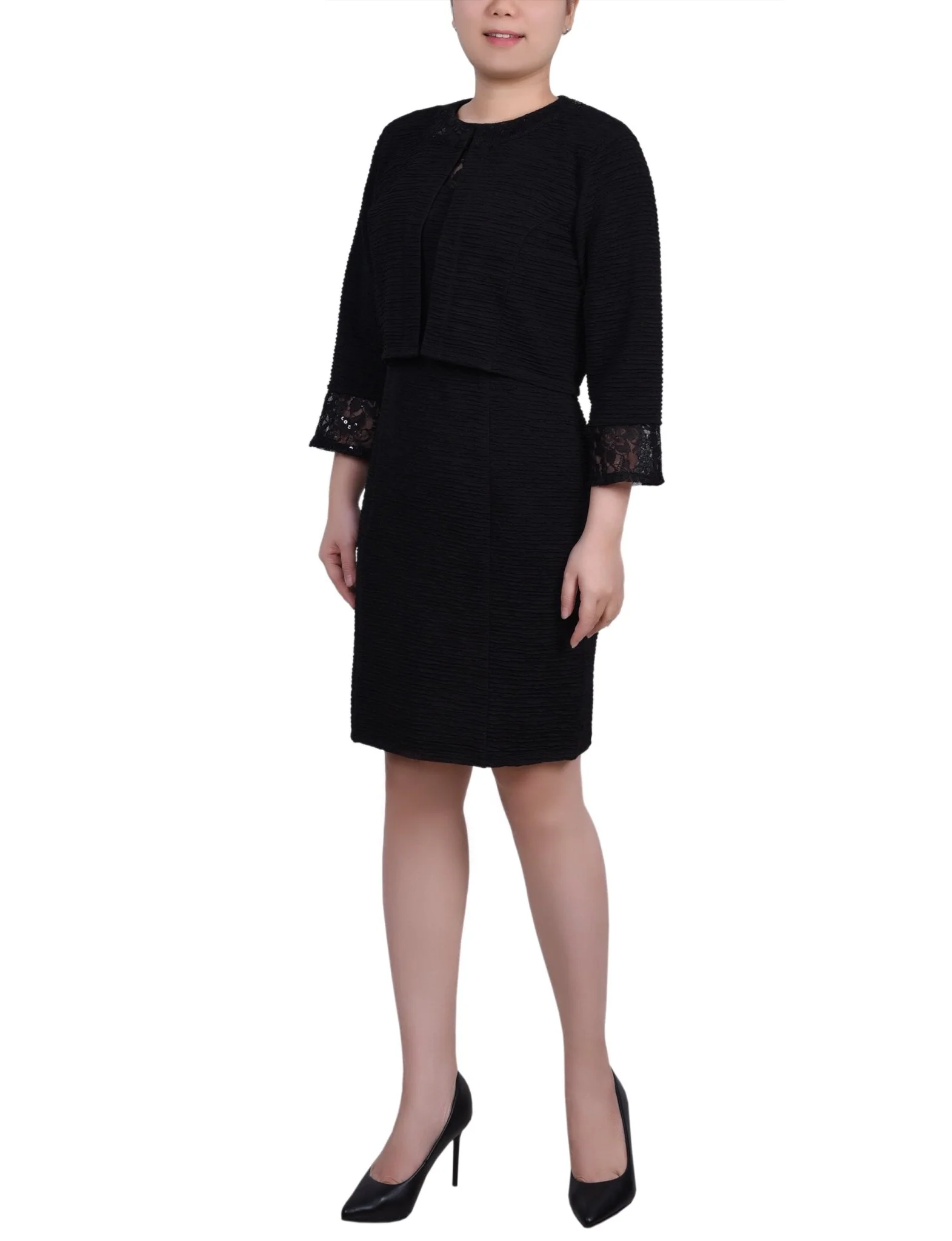 Black Two Piece Novelty Knit and Lace Dress Set - Image 2