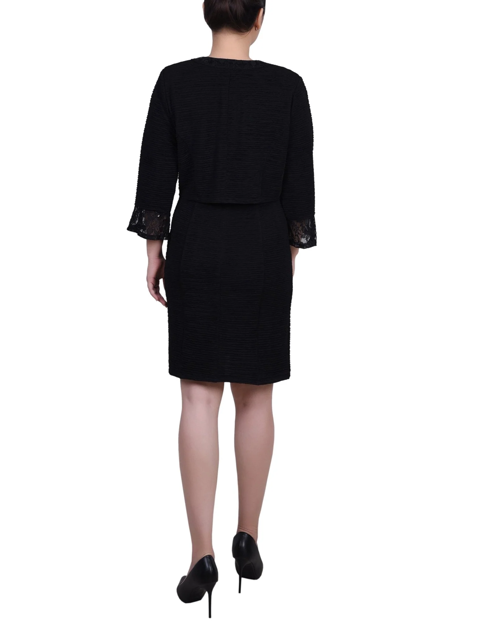 Black Two Piece Novelty Knit and Lace Dress Set - Petite - Image 3