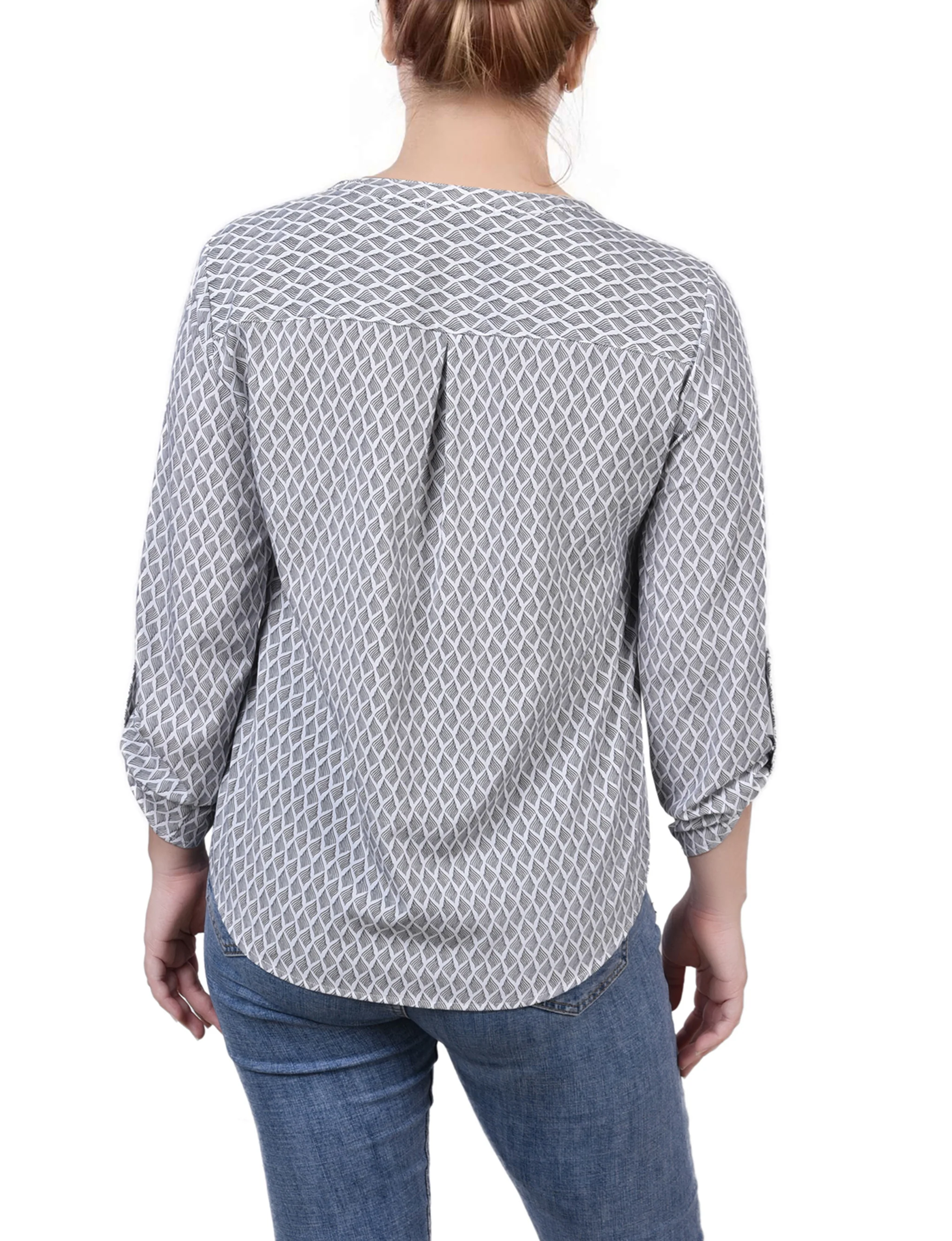 Black White Abstract 3/4 Roll Tab Sleeve Mandarin Collar Blouse - Petite - Image 4