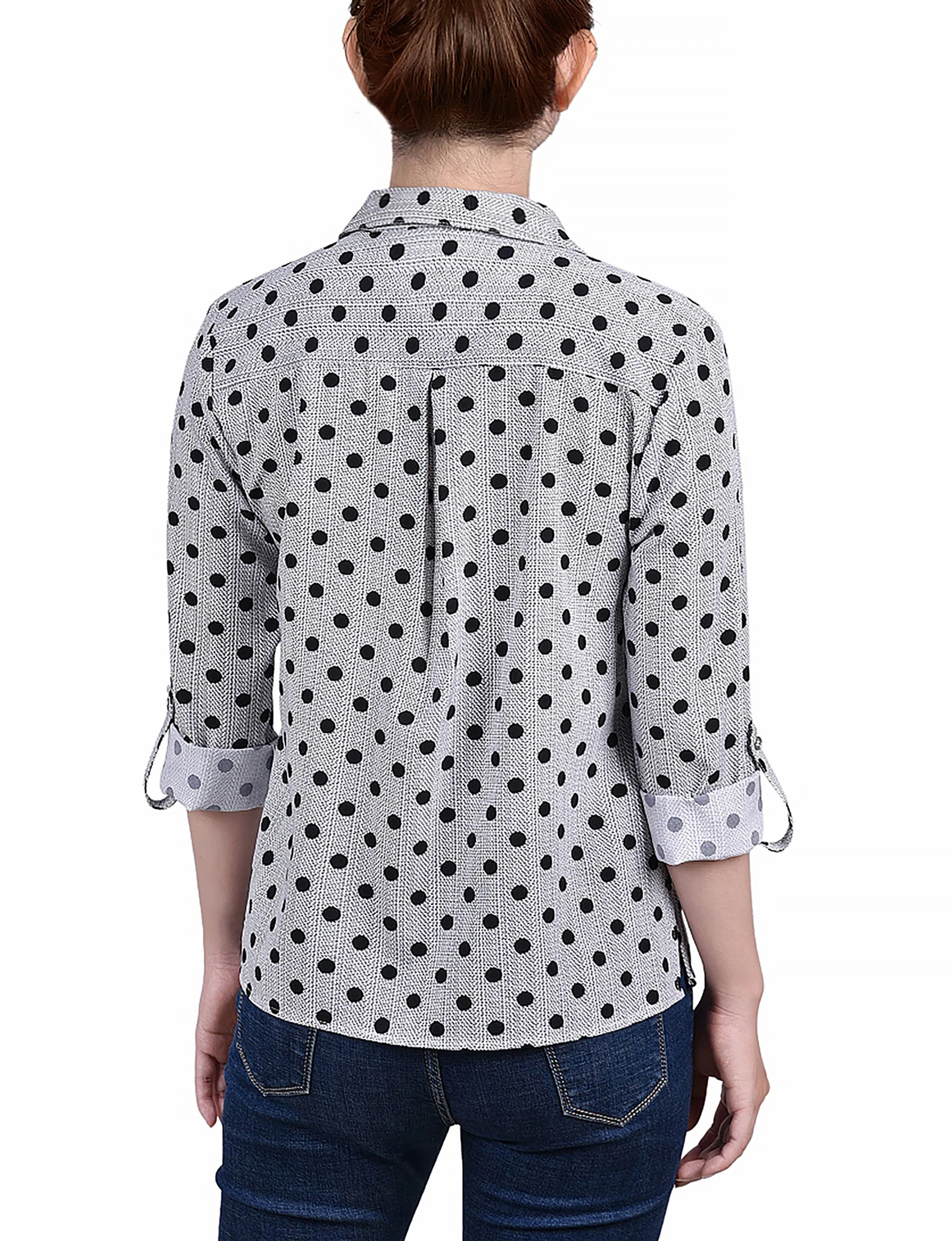 Black White Abstract Dot 3/4 Roll Tab Blouse With Pockets - Petite - Image 4