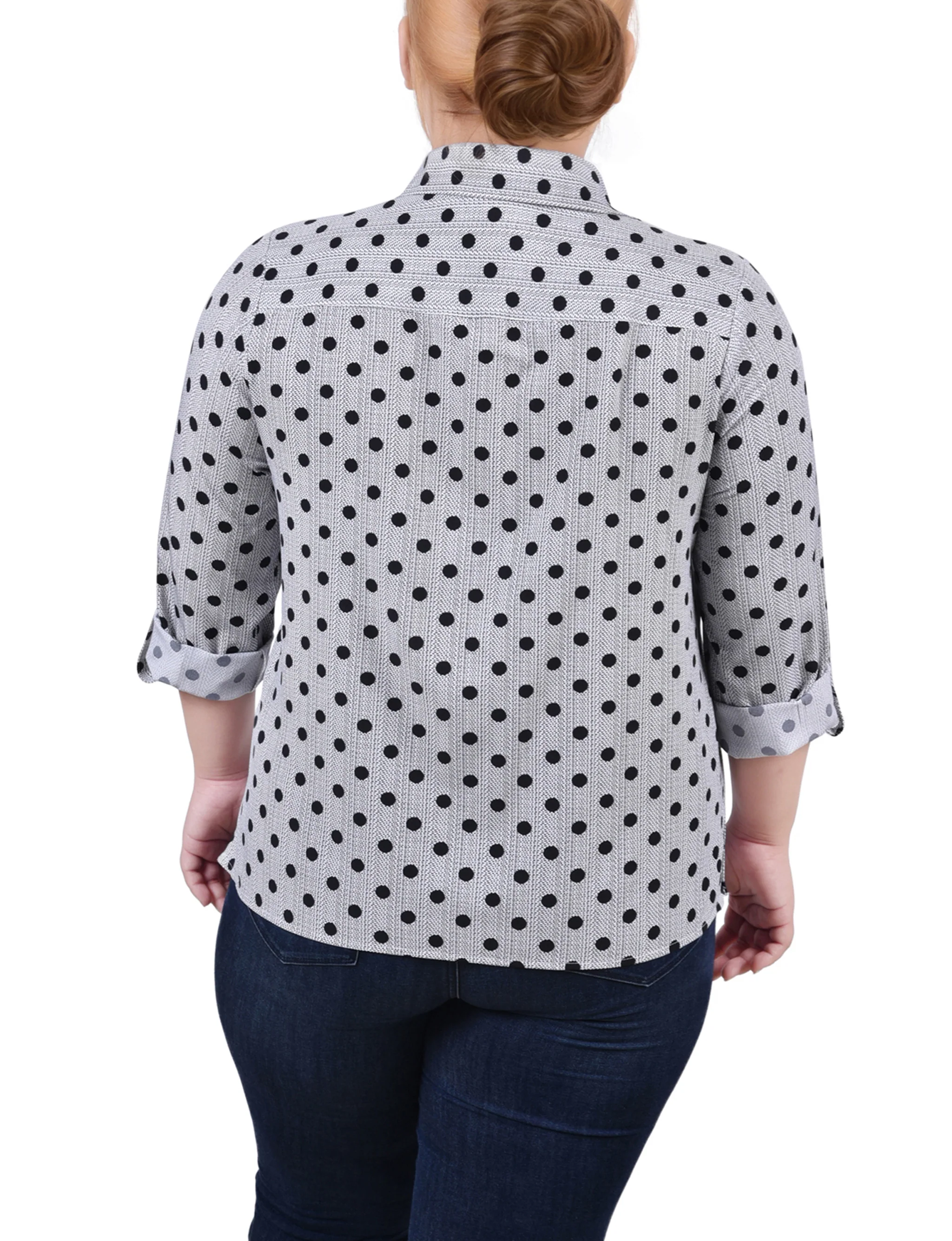 Black White Abstract Dot 3/4 Roll Tab Blouse With Pockets - Plus Size - Image 4