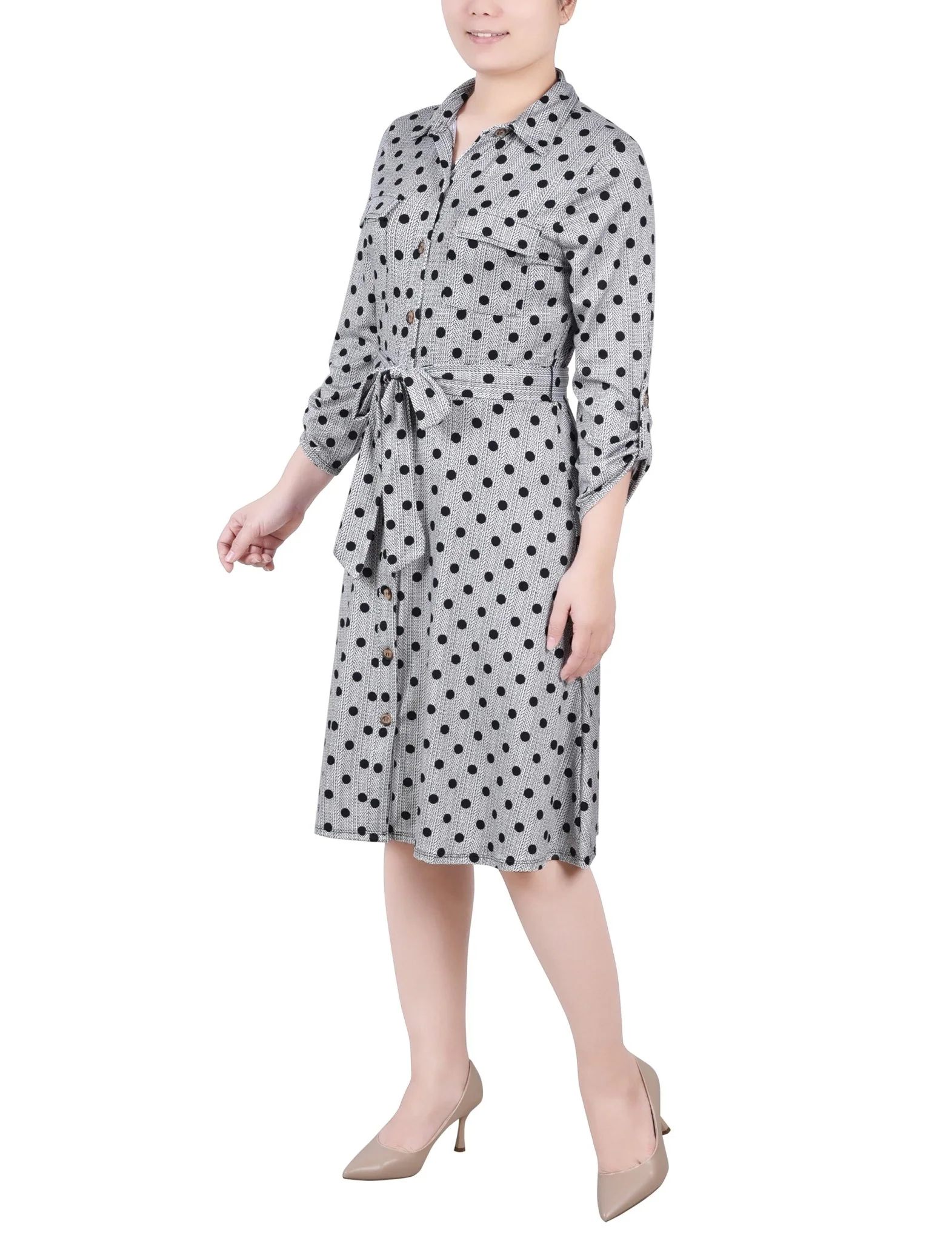 Black White Abstract Dot 3/4 Slv Roll Tab Shirtdress - Petite - Image 2