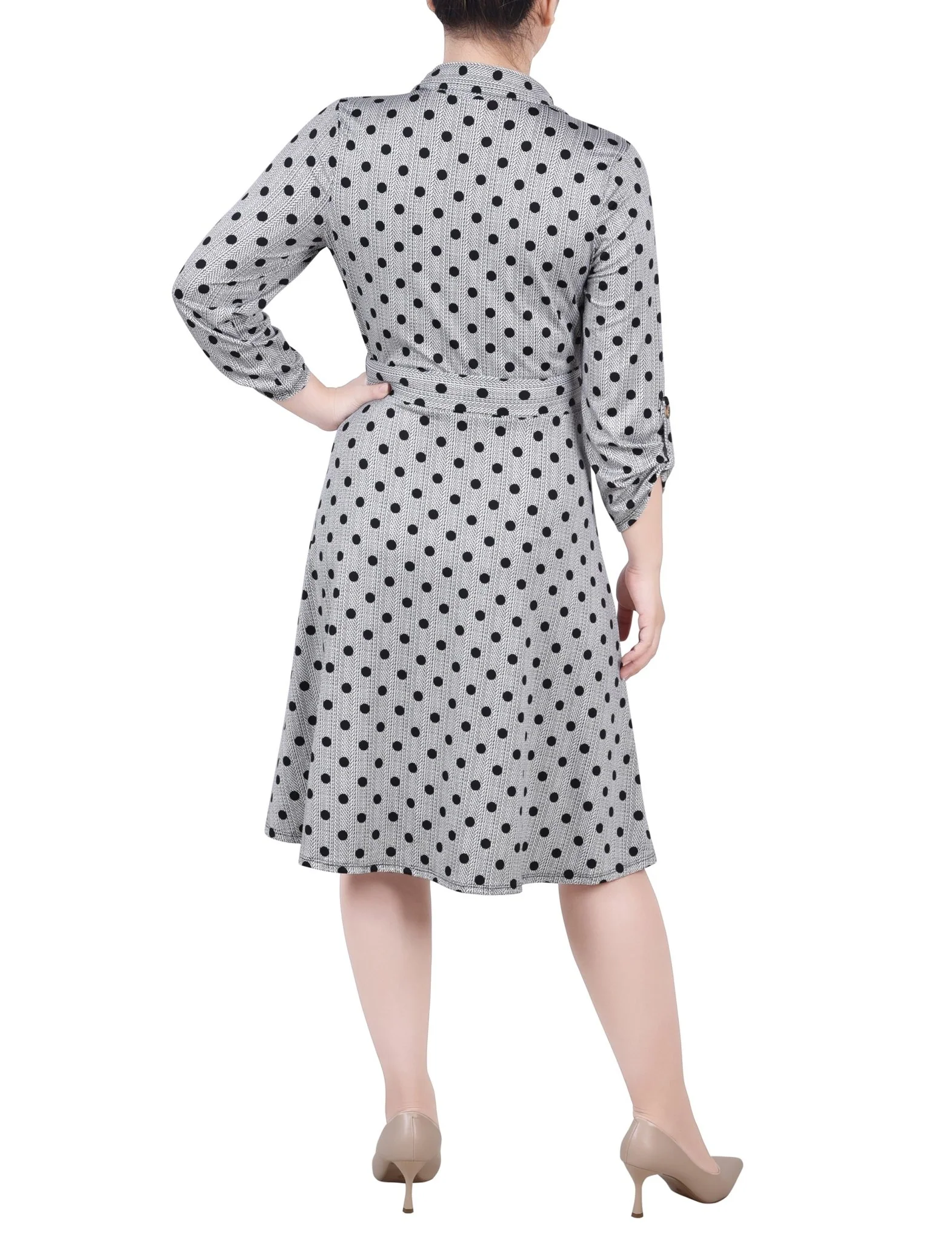 Black White Abstract Dot 3/4 Slv Roll Tab Shirtdress - Petite - Image 3