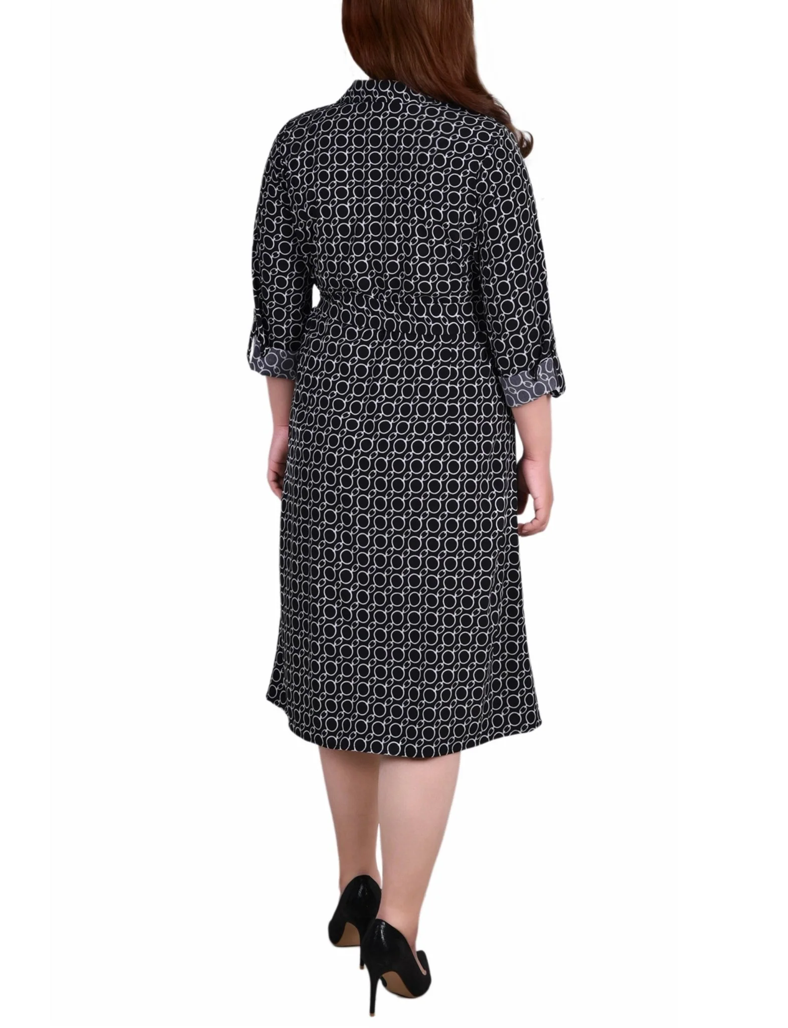 Black White Circle Chain 3/4 Roll Tab Sleeve Belted Shirtdress - Plus - Image 3