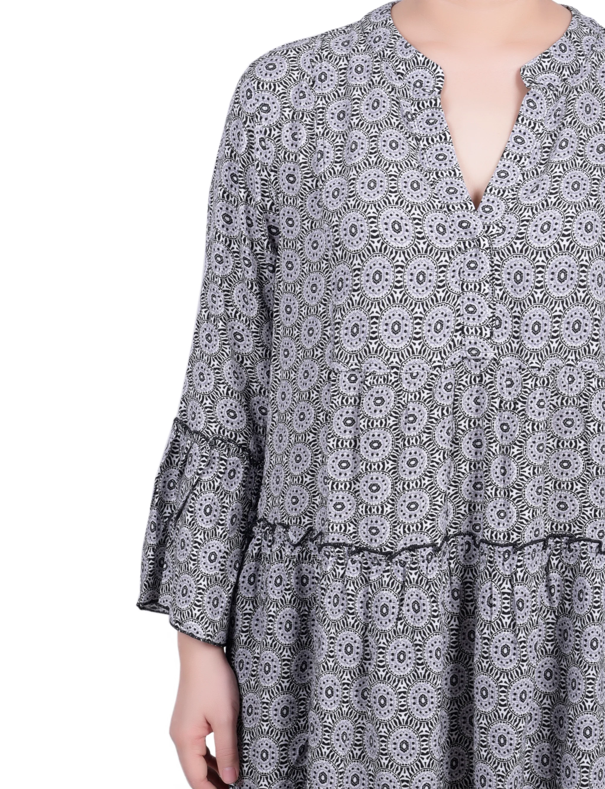 Black White Geo 3/4 Sleeve Tiered Dress - Image 3