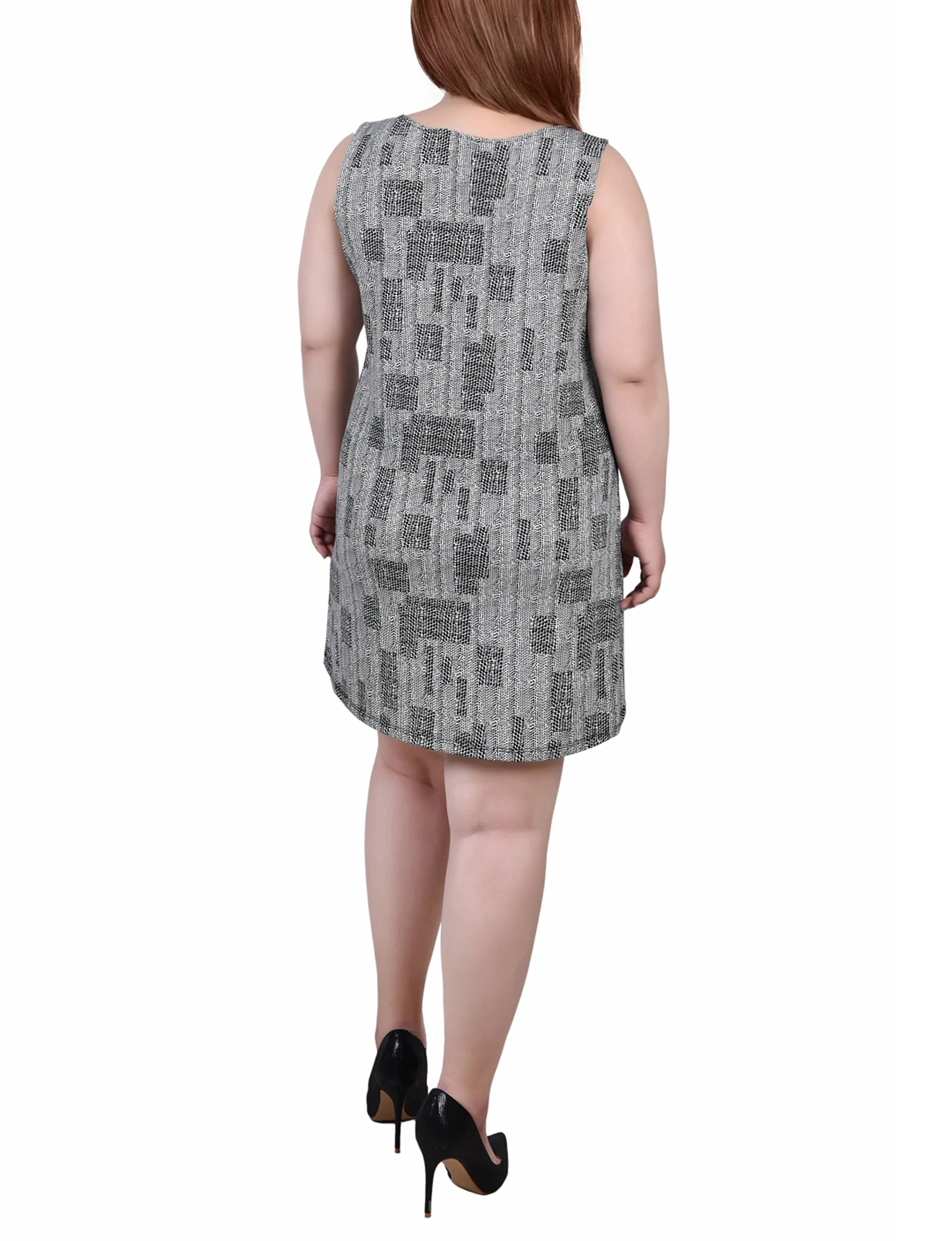 Black White Geosquare Sleeveless Dress With 3 Rings - Plus Size - Image 2