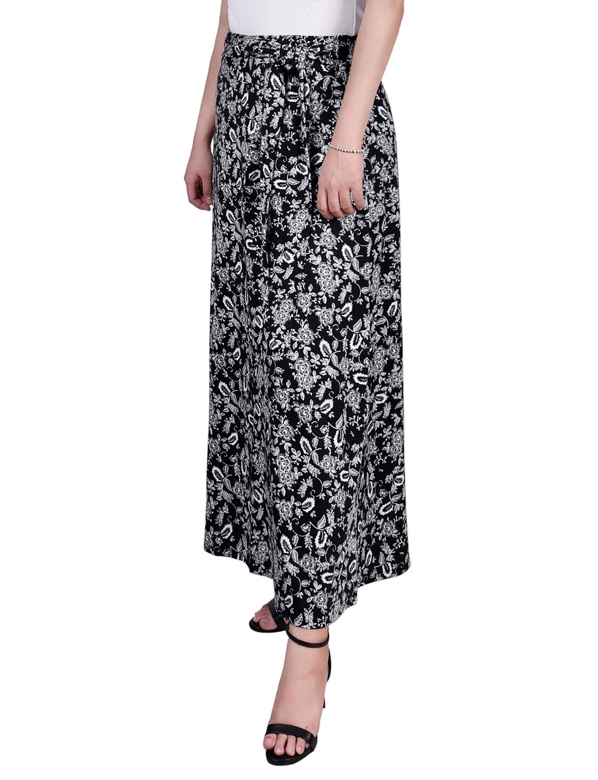 Black White Grey Floral Maxi Skirt With Sash Waist Tie - Image 3