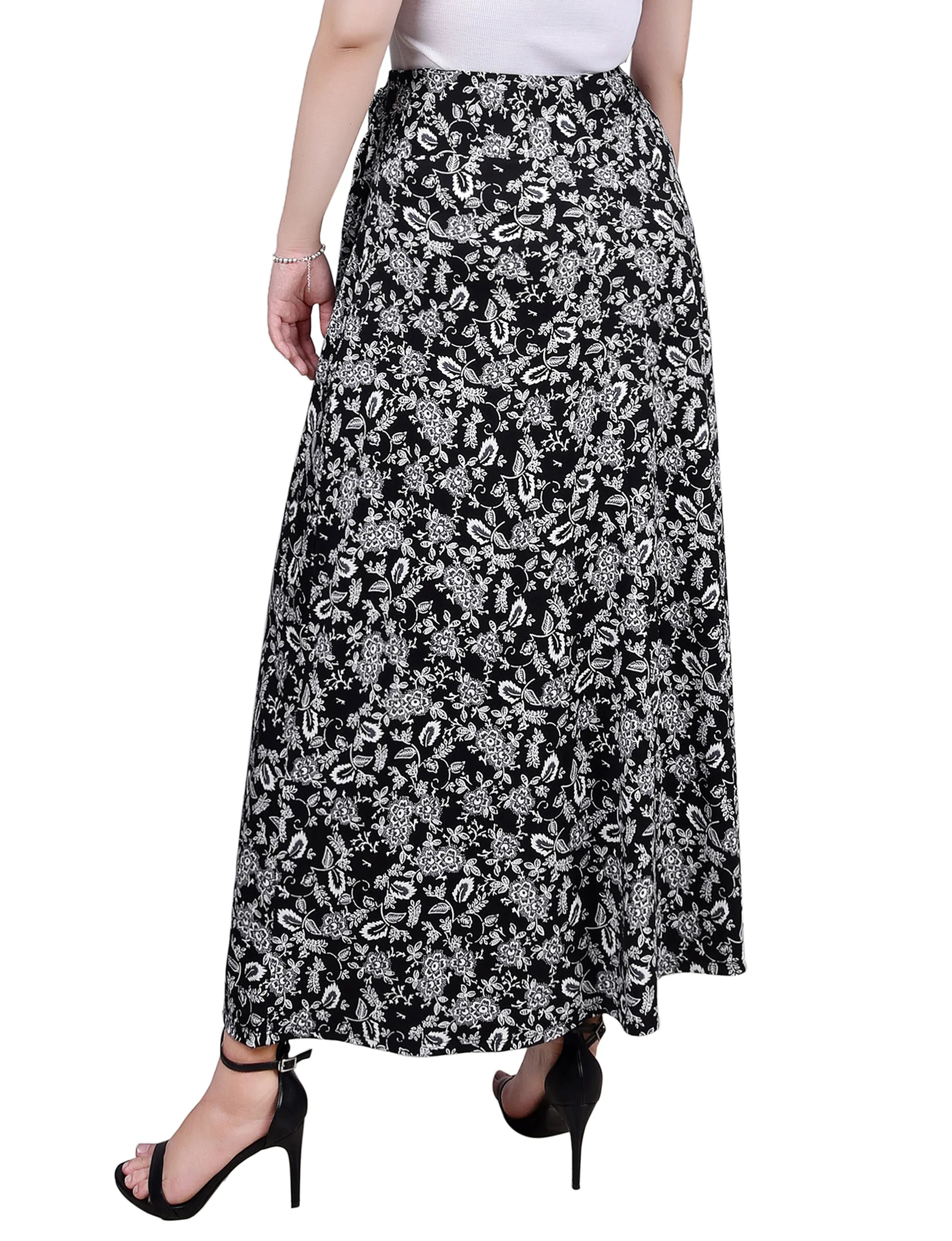 Black White Grey Floral Maxi Skirt With Sash Waist Tie - Image 4
