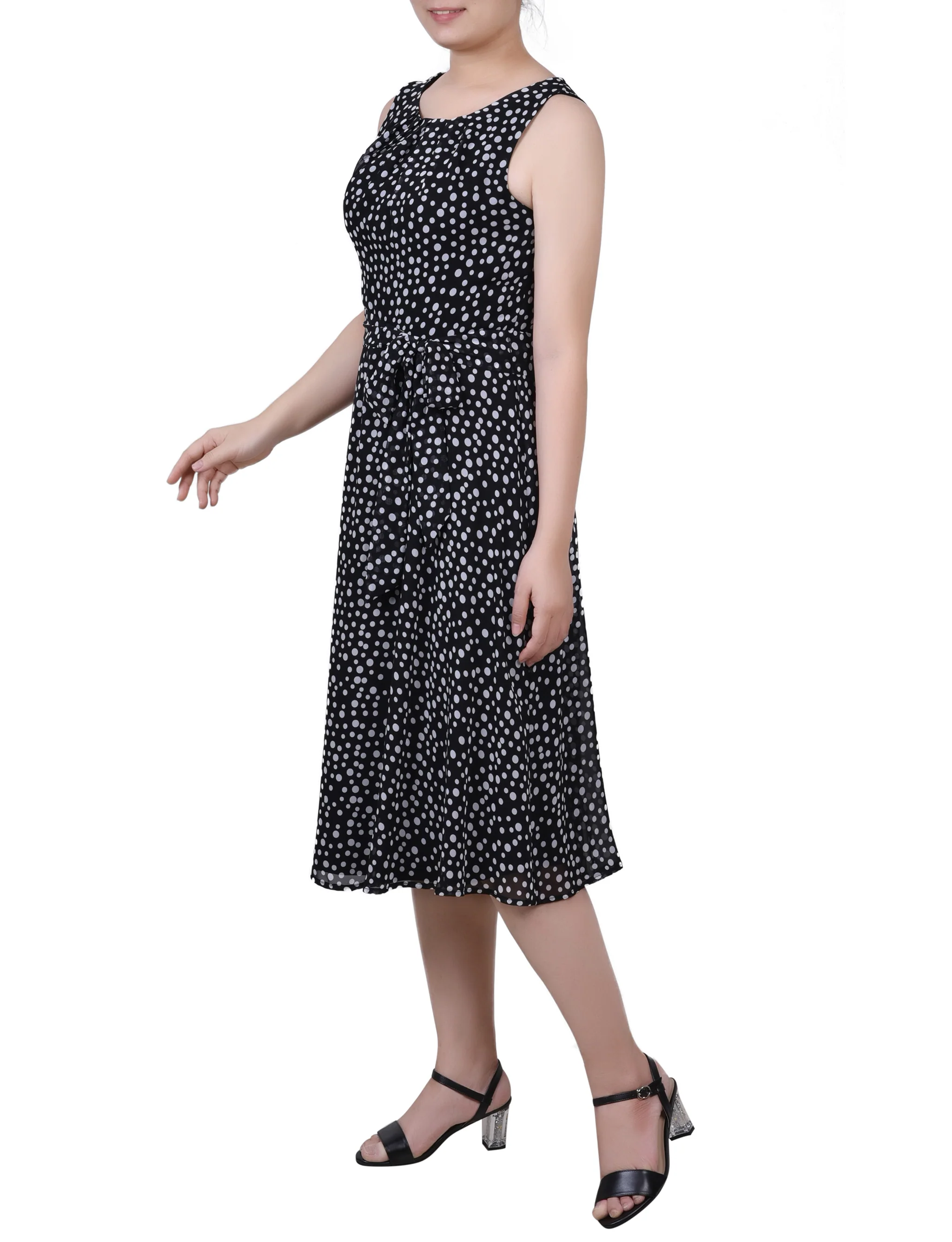 Black White Icemoon Sleeveless Chiffon Belted Dress - Image 2