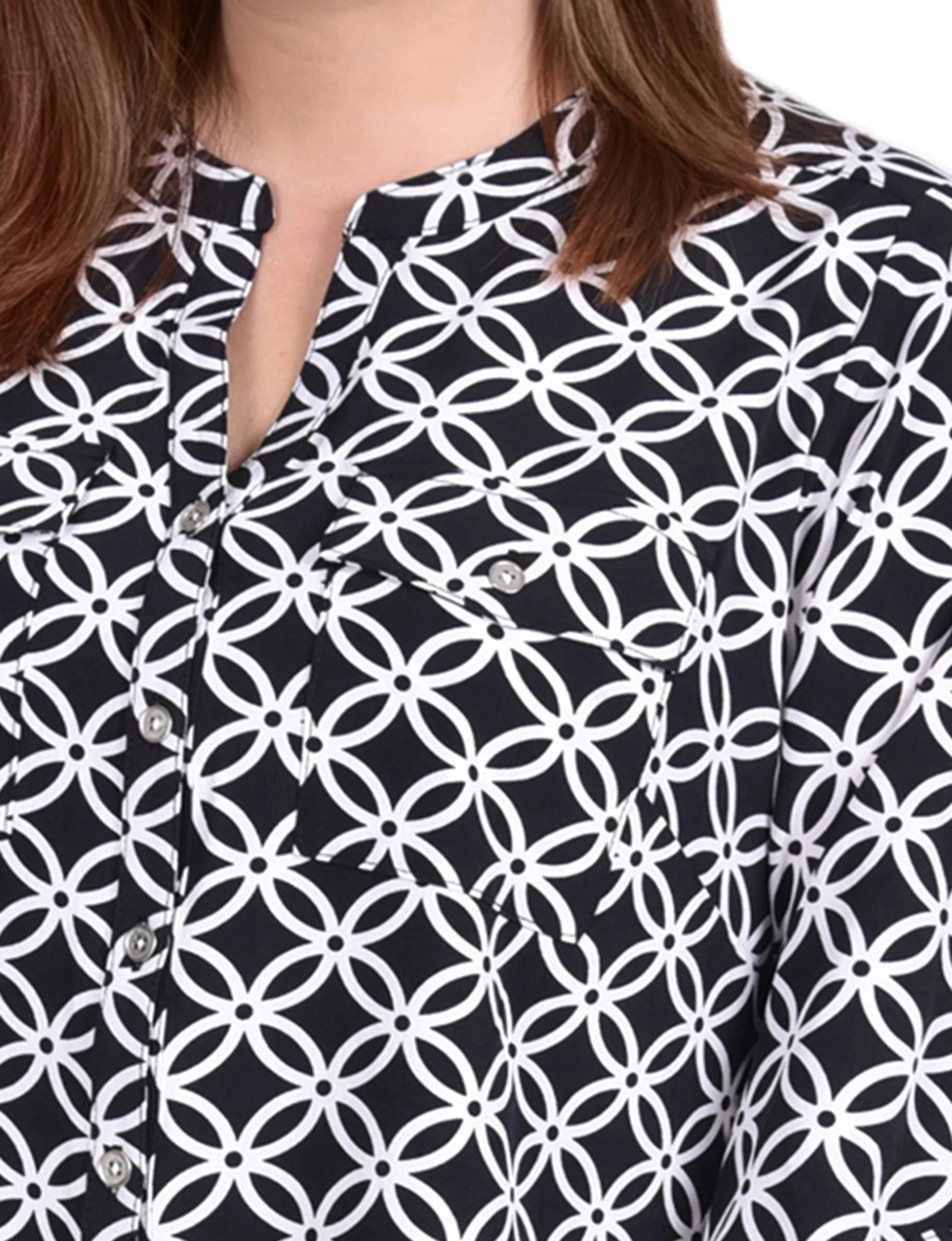 Black White Iconic 3/4 Roll Tab Sleeve Mandarin Collar Blouse - Plus Size - Image 3