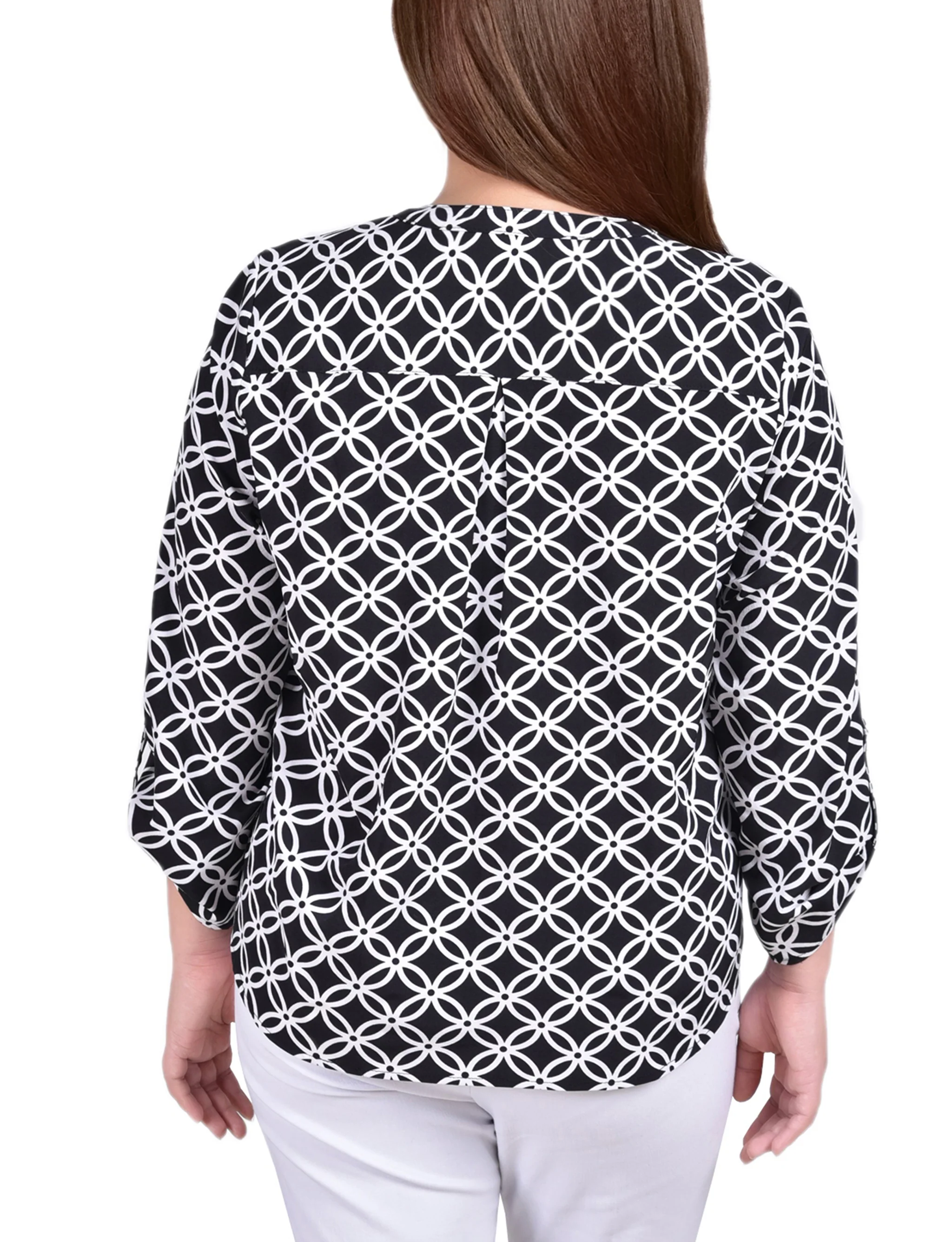 Black White Iconic 3/4 Roll Tab Sleeve Mandarin Collar Blouse - Plus Size - Image 4