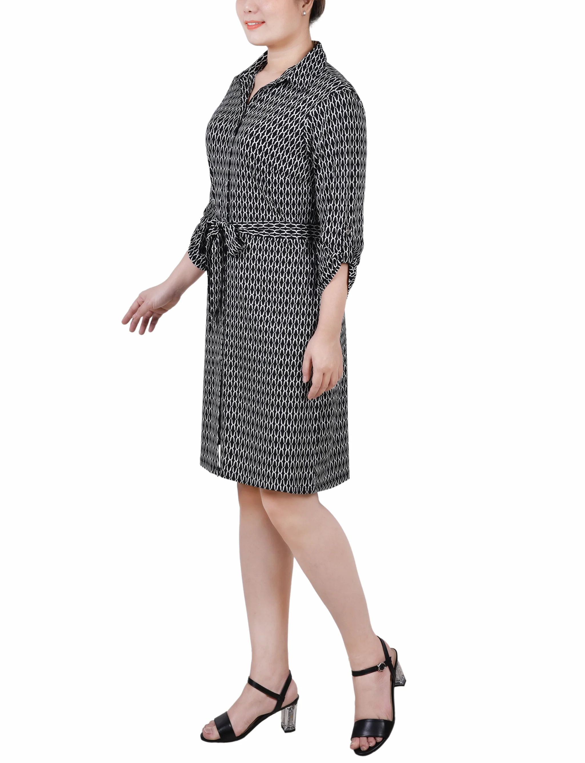Black White Justin 3/4 Roll Tab Sleeve Collared Dress - Petite - Image 2