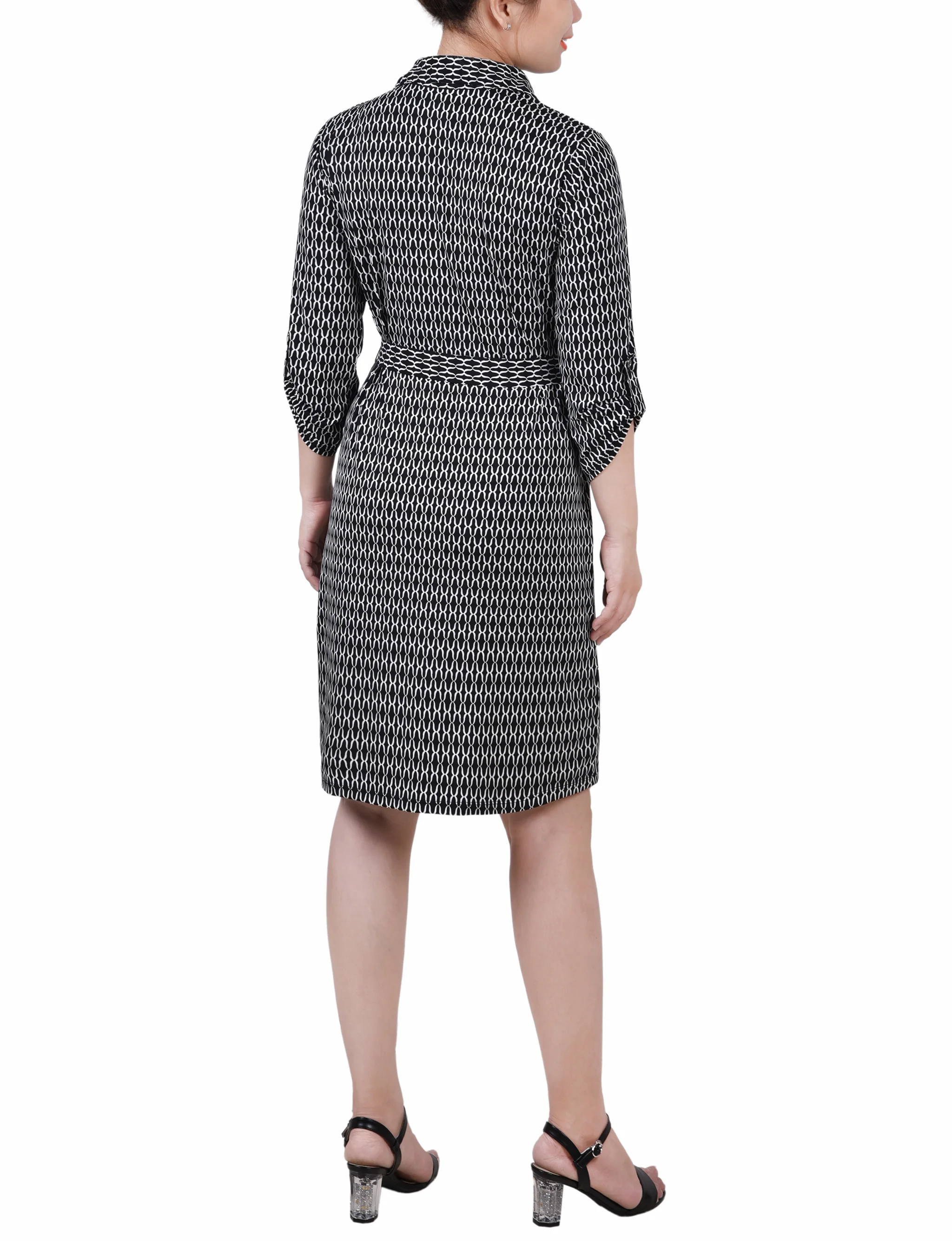 Black White Justin 3/4 Roll Tab Sleeve Collared Dress - Petite - Image 3