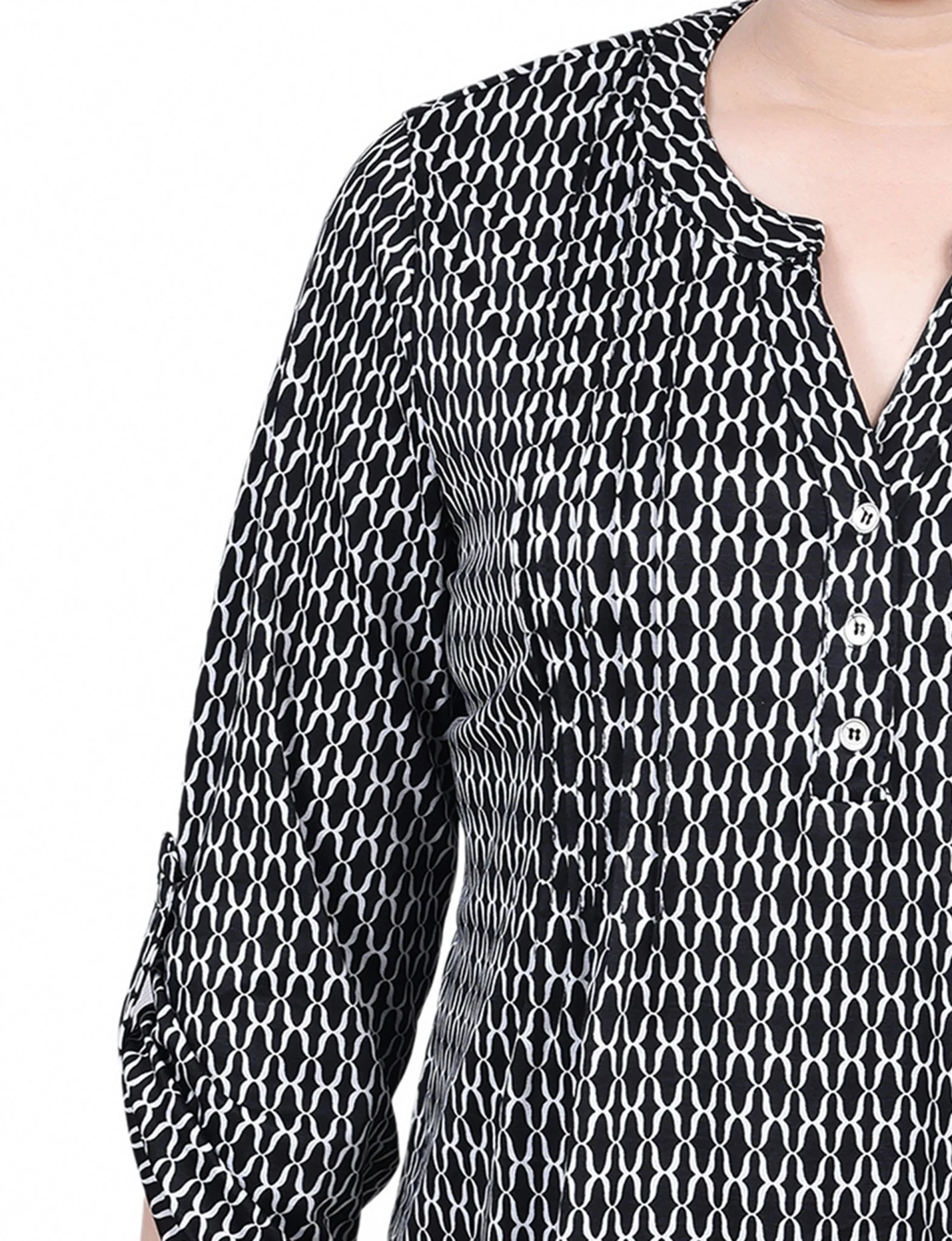 Black White Justin 3/4 Roll Tab Sleeve Y Neck Top - Petite - Image 3