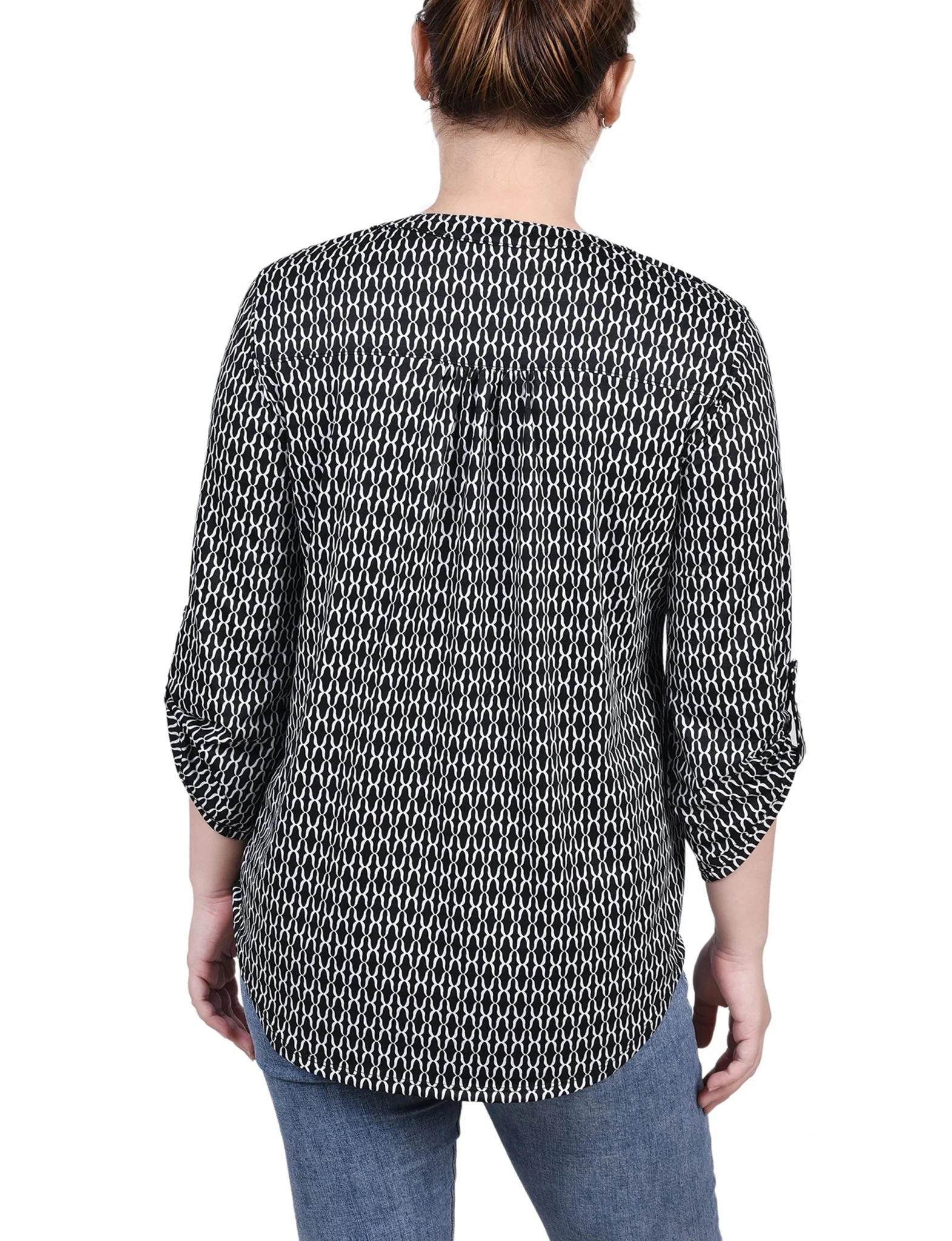 Black White Justin 3/4 Roll Tab Sleeve Y Neck Top - Petite - Image 4