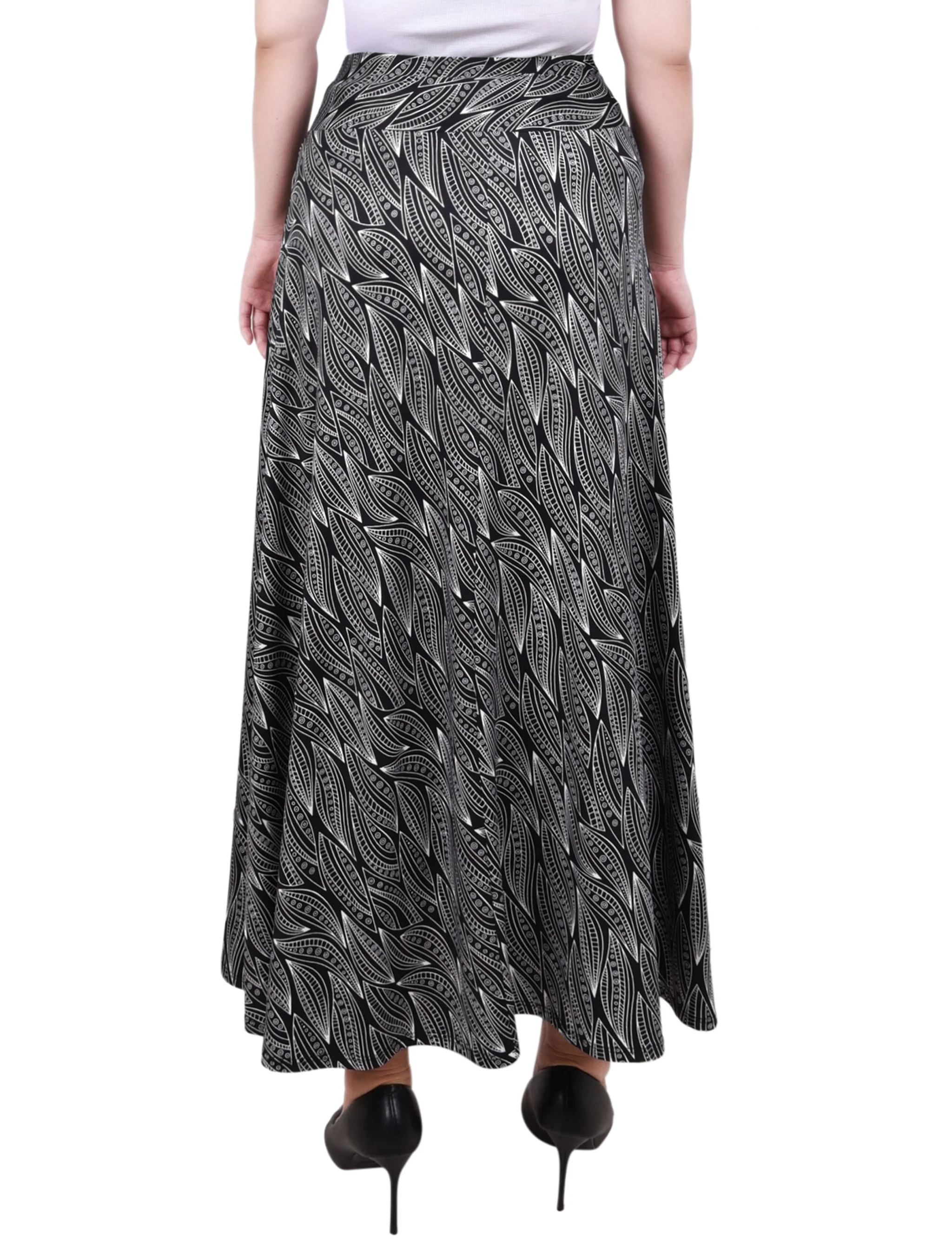 Black White Light Leaves Maxi Skirt With Sash Waist Tie - Petite - Image 4