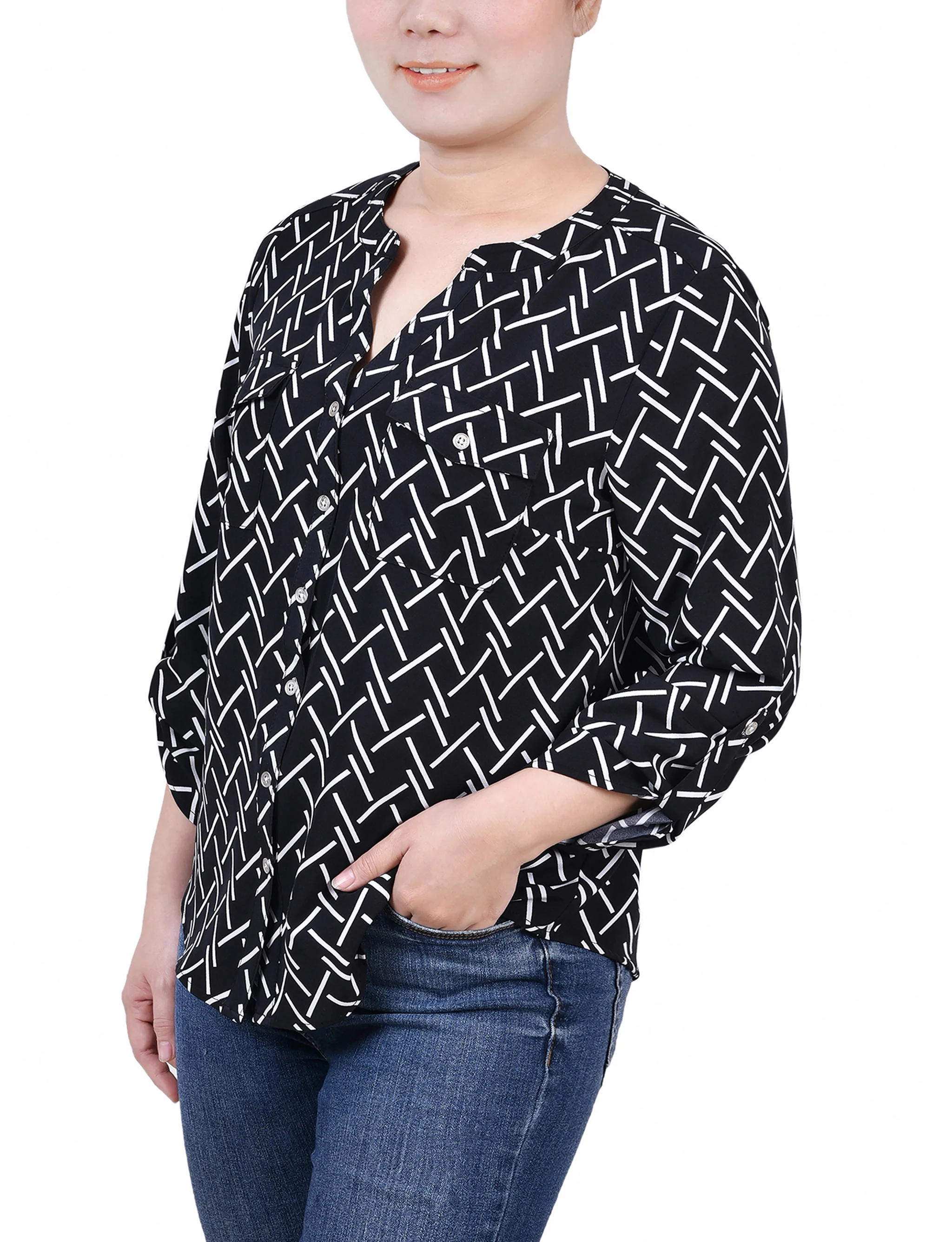Black White Line Abstract Line 3/4 Roll Tab Sleeve Mandarin Collar Blouse - Petite - Image 2