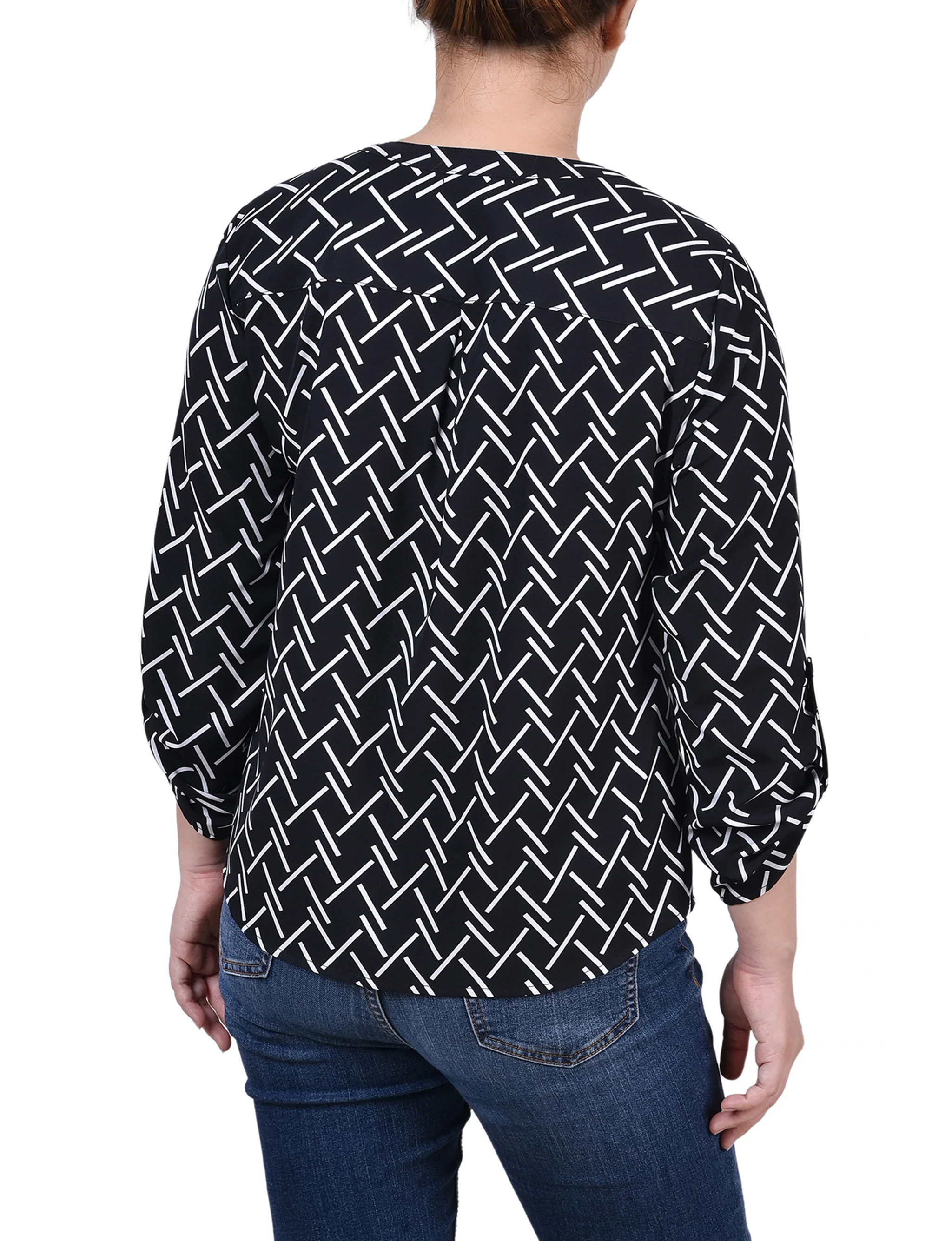 Black White Line Abstract Line 3/4 Roll Tab Sleeve Mandarin Collar Blouse - Petite - Image 4