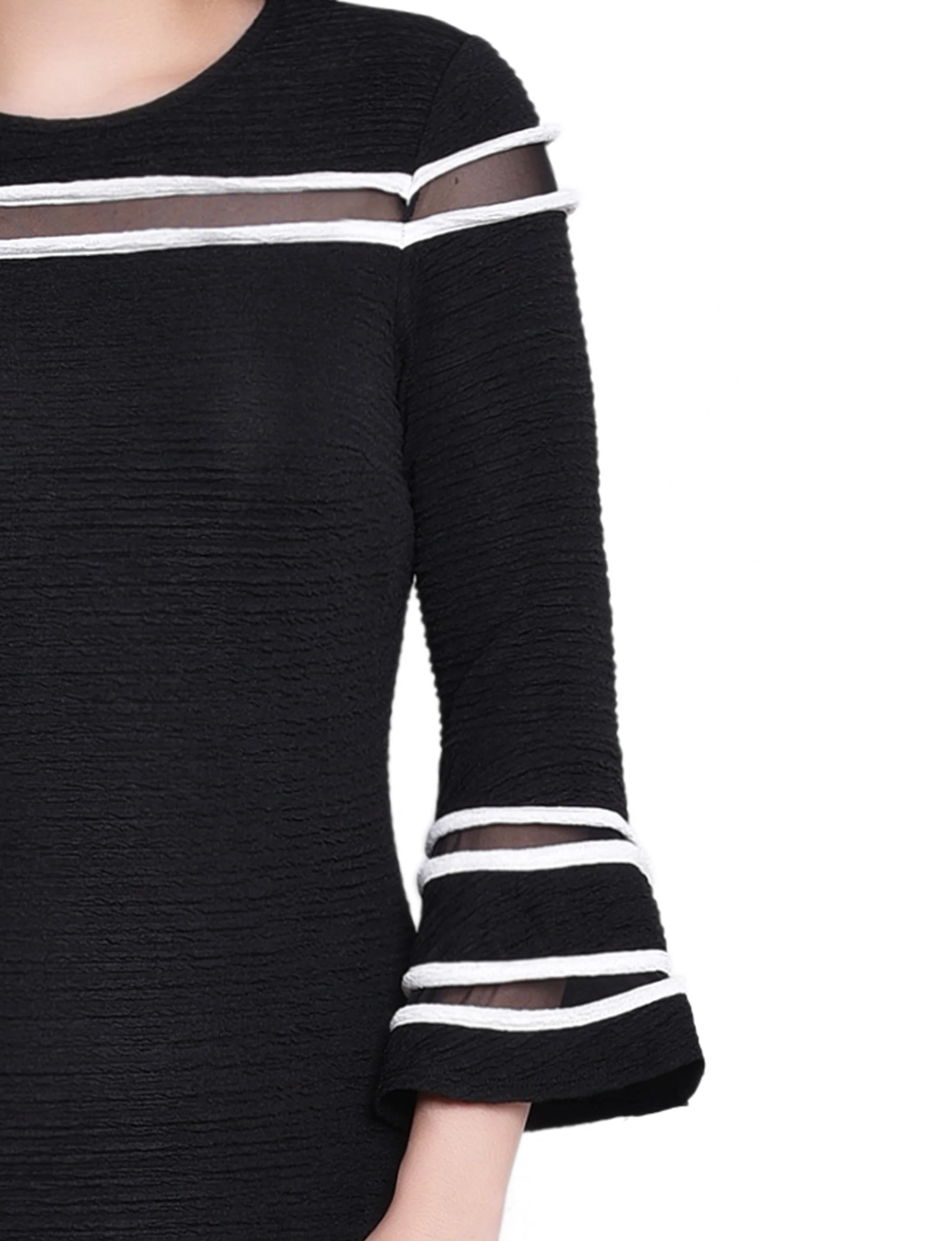 Black White Long Bell Sleeve Dress With Contrast Striping - Image 2