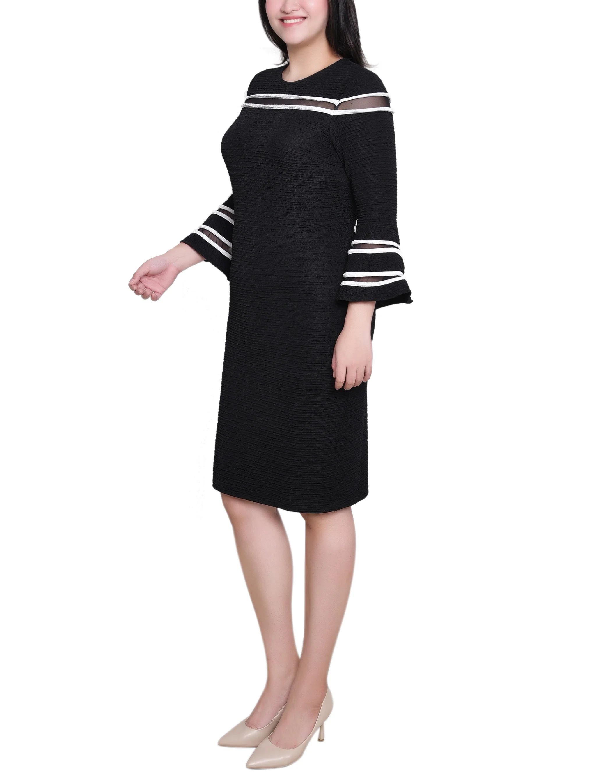 Black White Long Bell Sleeve Dress With Contrast Striping - Image 3