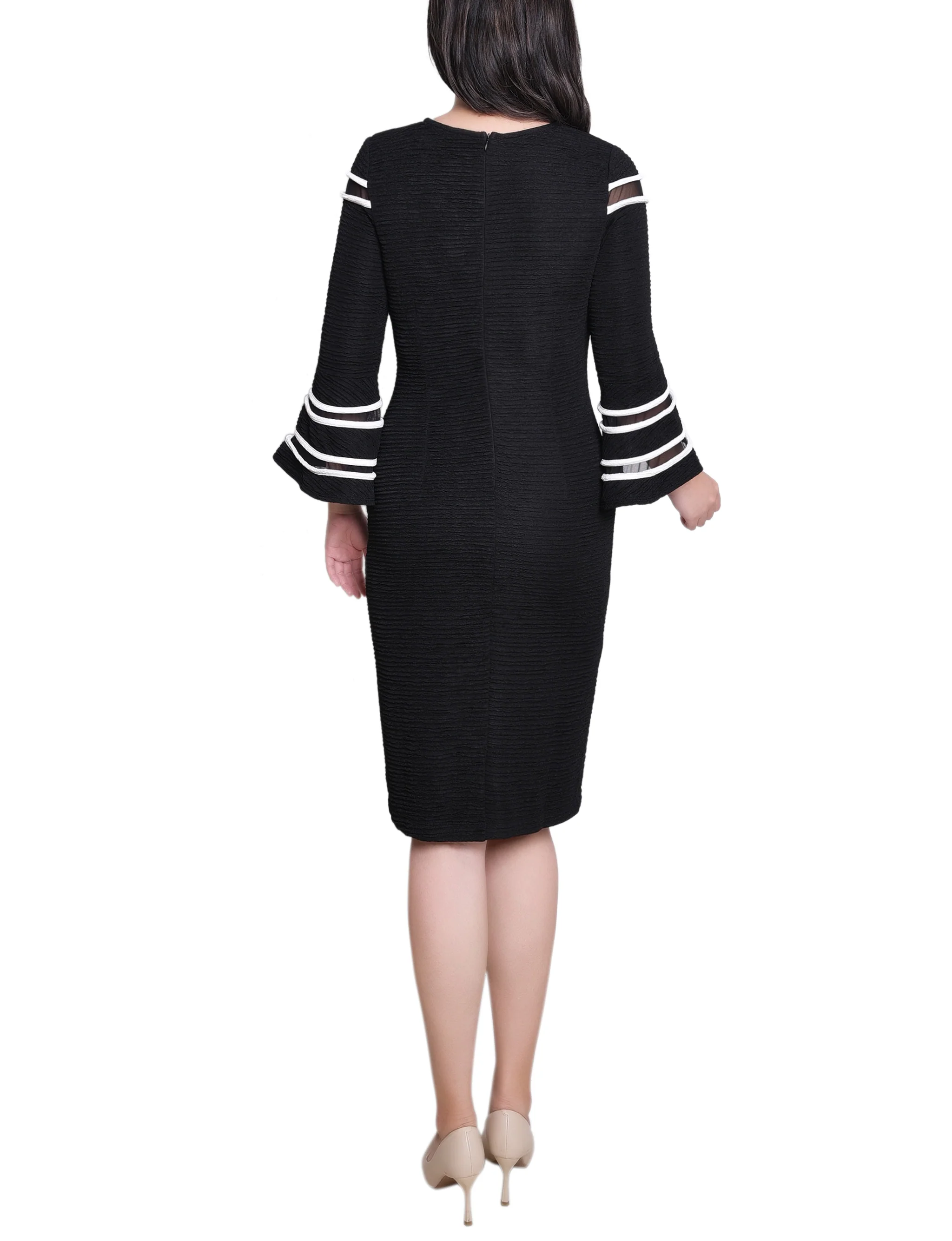 Black White Long Bell Sleeve Dress With Contrast Striping - Image 4