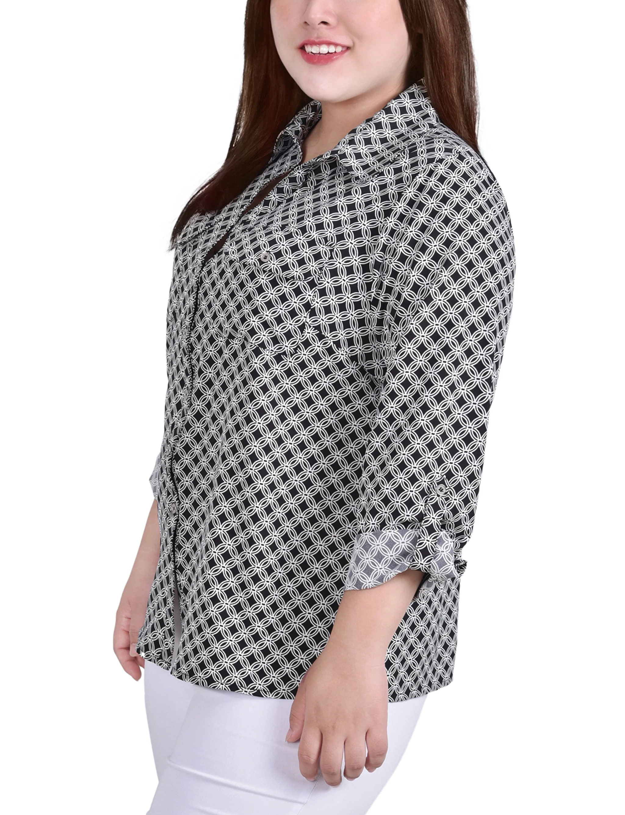Black White New Iconic 3/4 Roll Tab Blouse With Pockets - Plus Size - Image 2