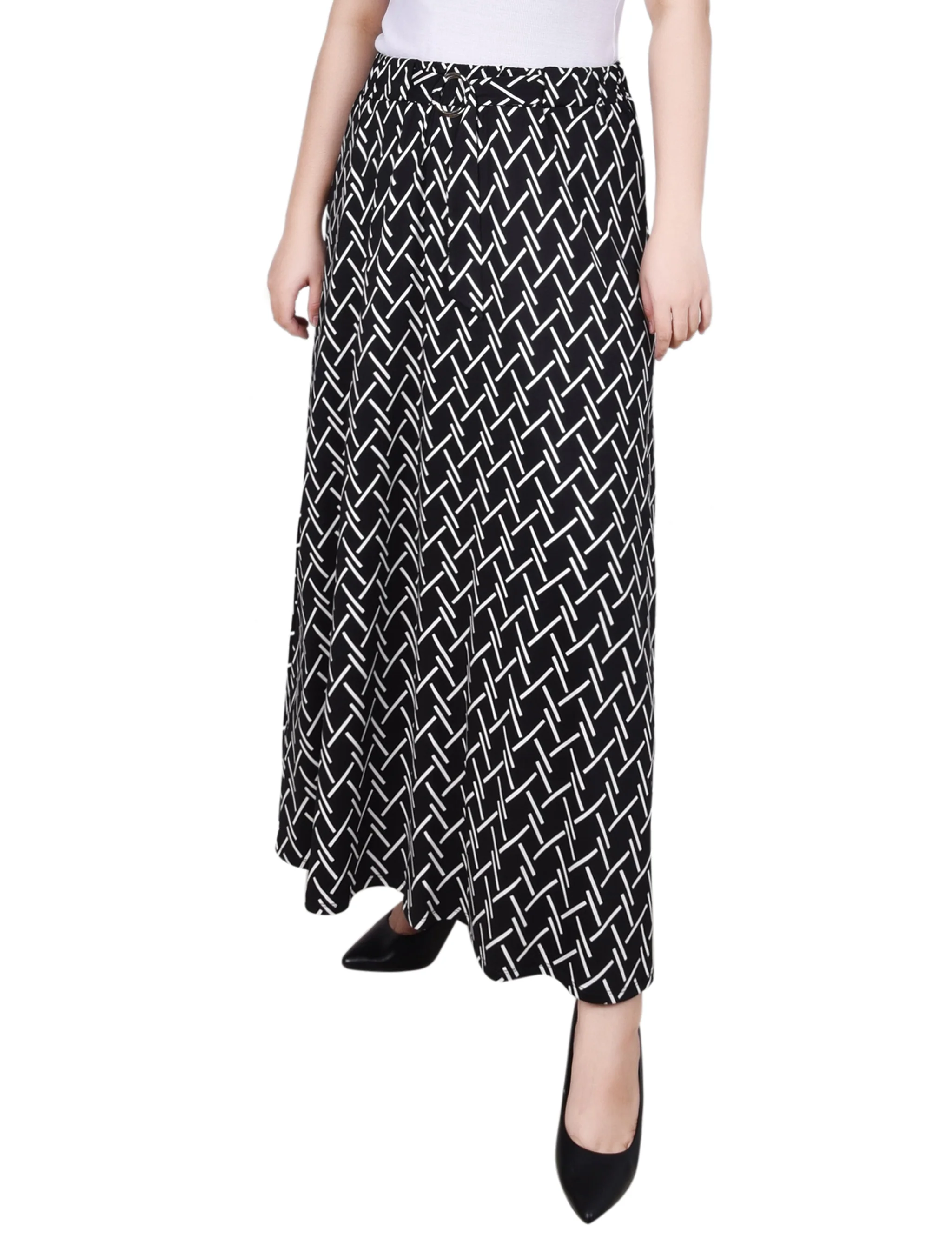 Black White Oblique Ring Detail Midi-Length Skirt - Image 3
