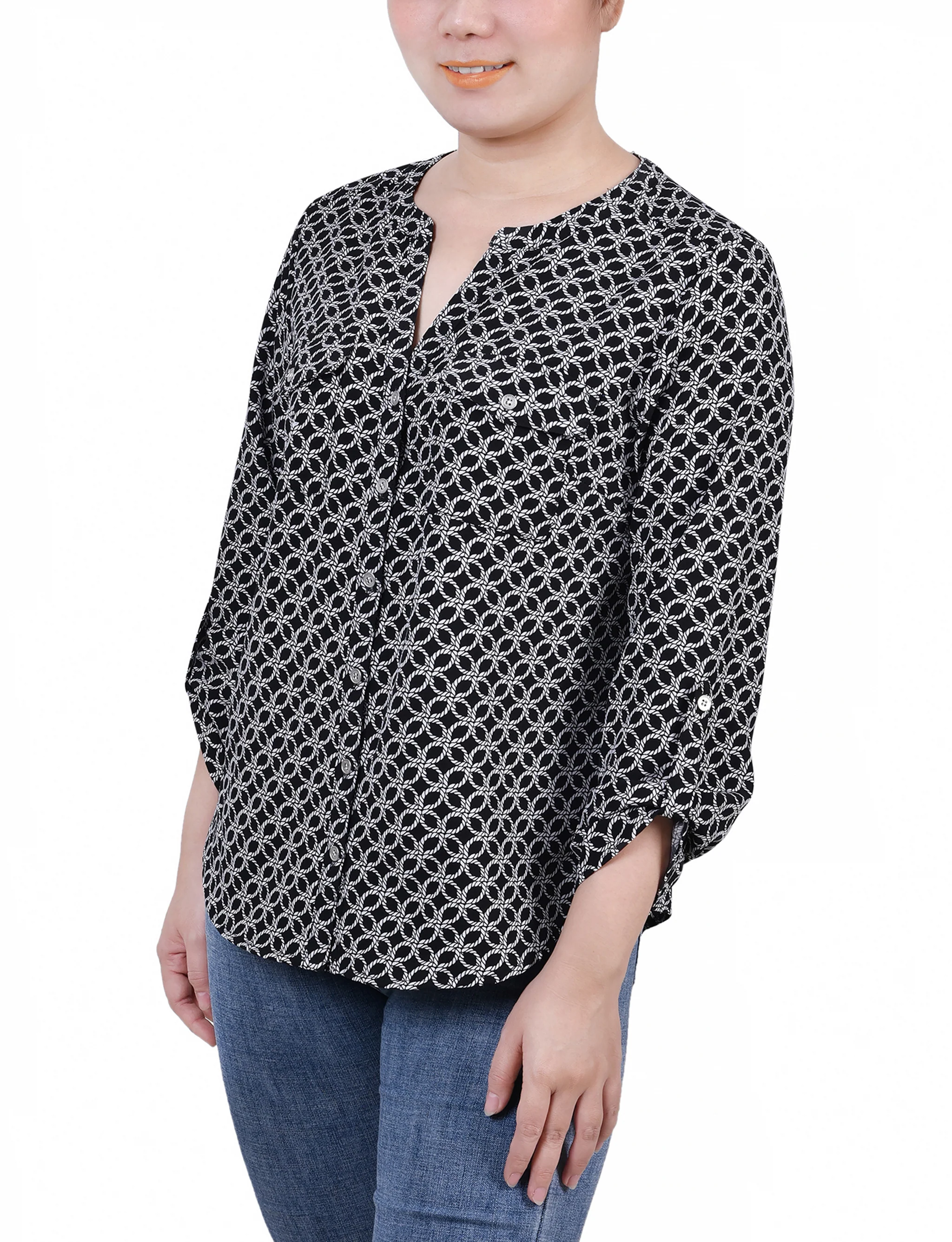 Black White Rope Iconic 3/4 Roll Tab Sleeve Mandarin Collar Blouse - Petite - Image 2