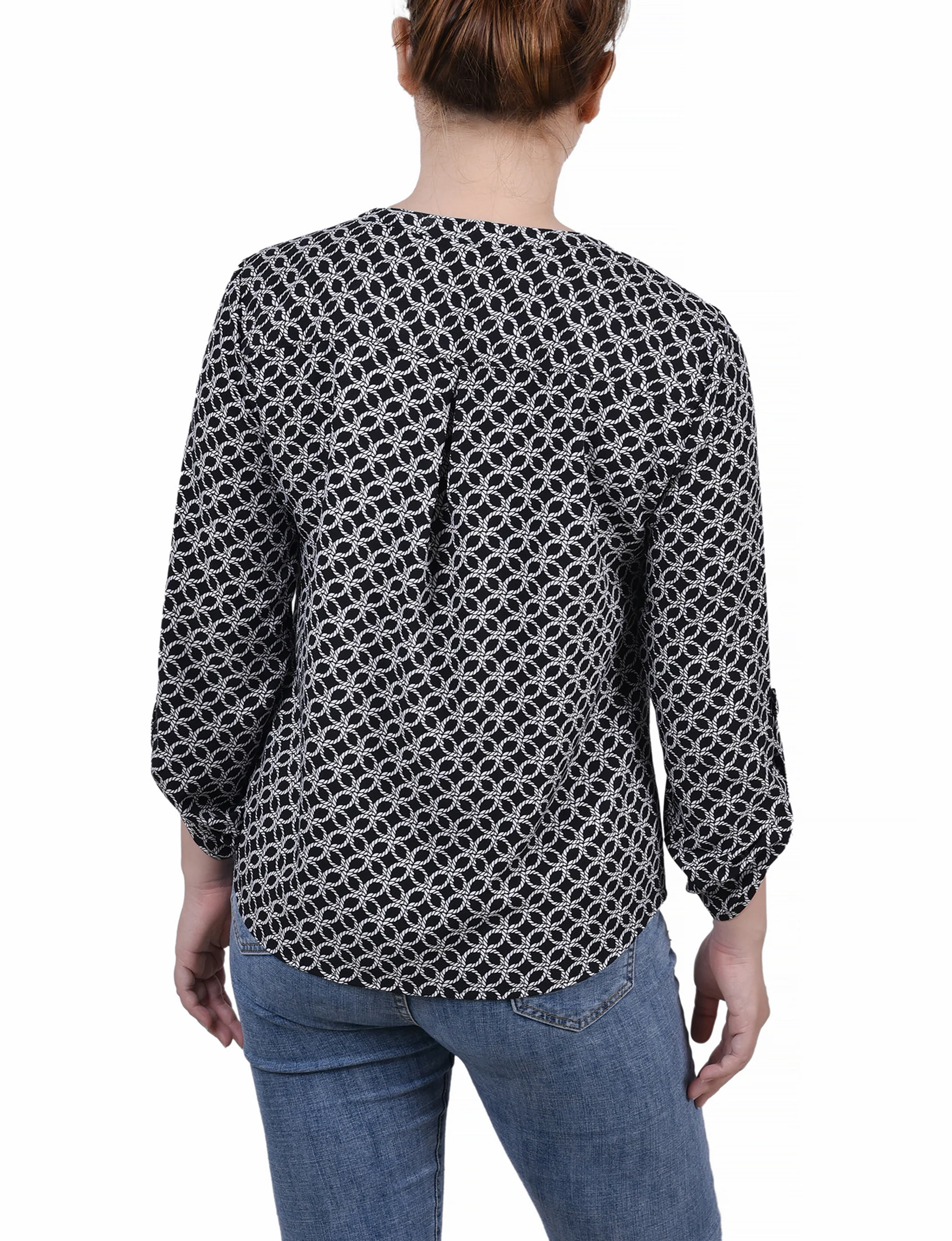 Black White Rope Iconic 3/4 Roll Tab Sleeve Mandarin Collar Blouse - Petite - Image 4