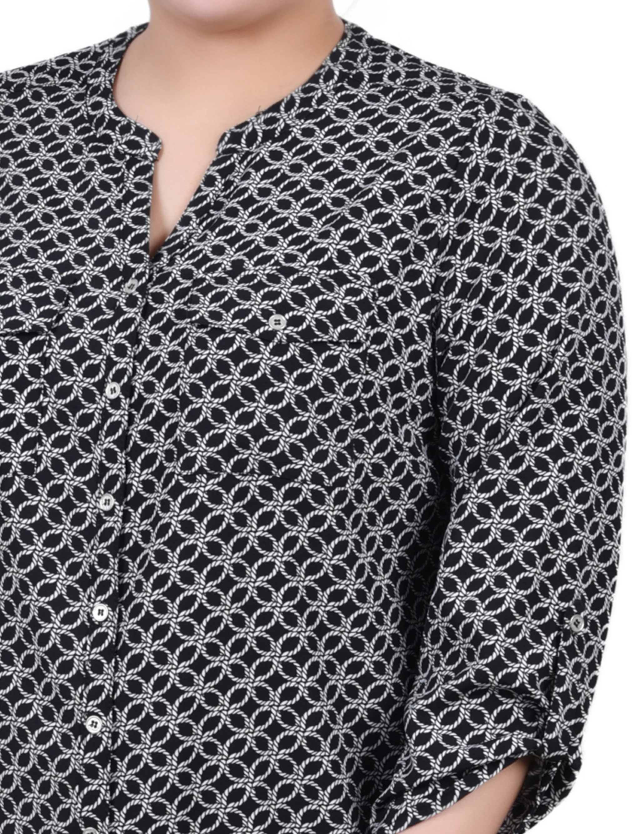 Black White Rope Iconic 3/4 Roll Tab Sleeve Mandarin Collar Blouse - Plus Size - Image 3