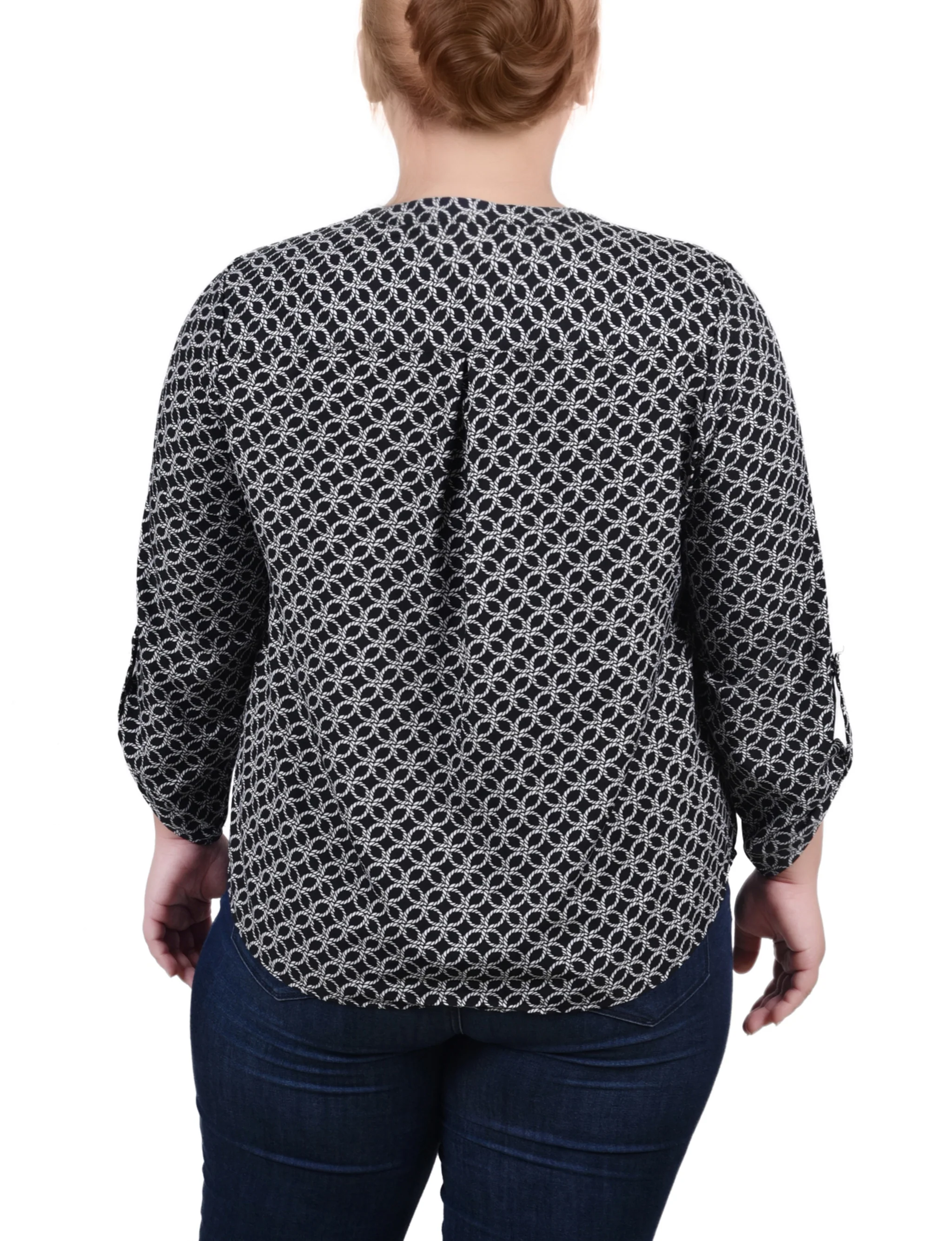 Black White Rope Iconic 3/4 Roll Tab Sleeve Mandarin Collar Blouse - Plus Size - Image 4