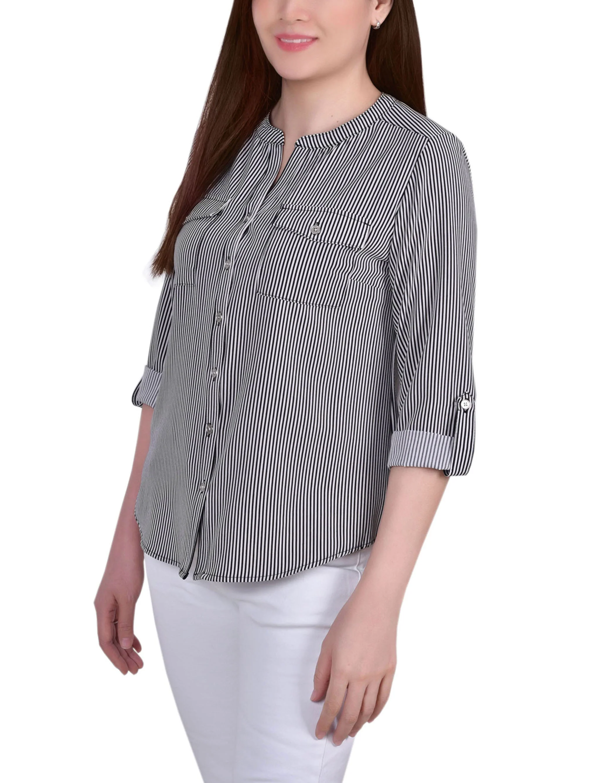 Black White Torterella 3/4 Roll Tab Sleeve Mandarin Collar Blouse - Petite - Image 2