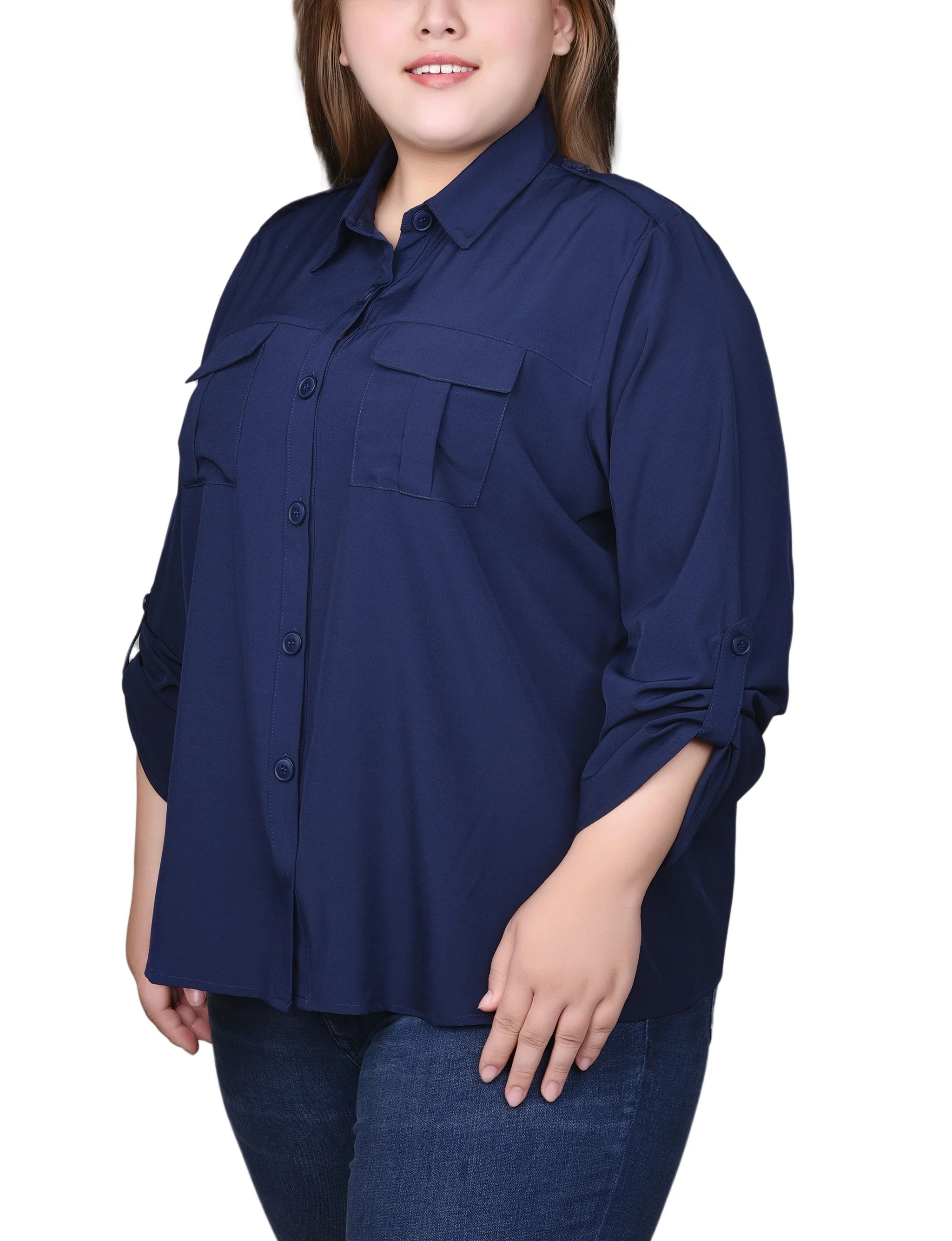 Blue 3/4 Sleeve Roll Tab Blouse - Plus Size - Image 2