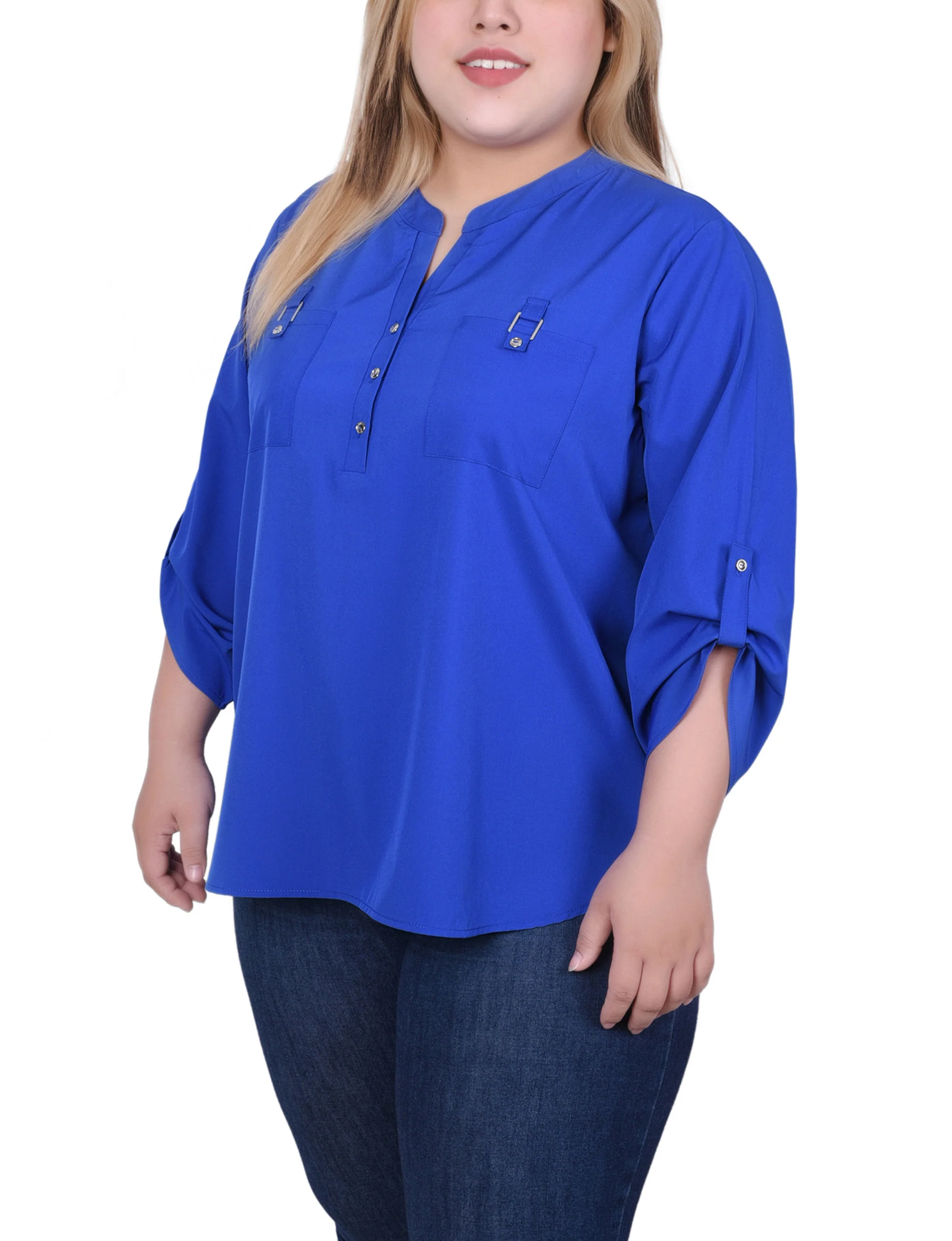 Blue 3/4 Tabbed Sleeve Y Neck Blouse - Plus Size - Image 2