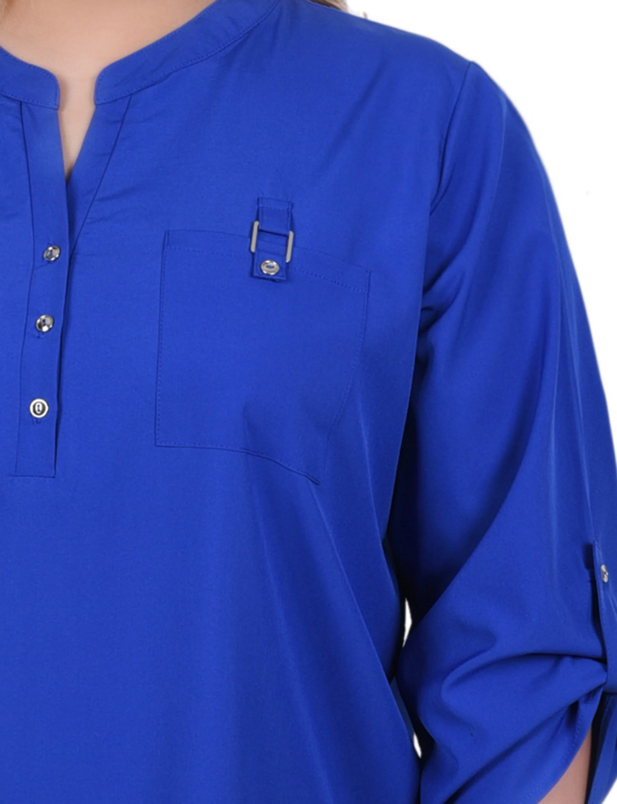 Blue 3/4 Tabbed Sleeve Y Neck Blouse - Plus Size - Image 3