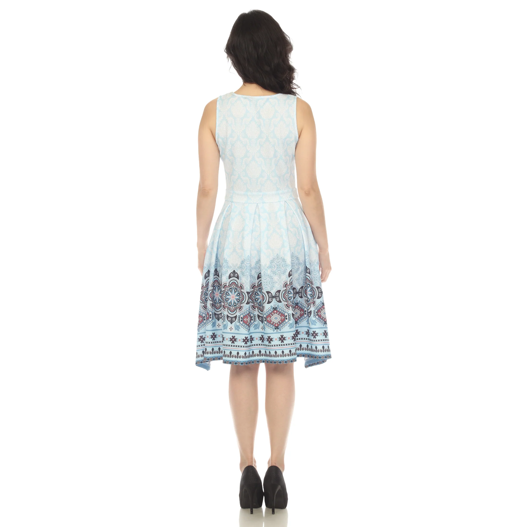 Blue Border Print Fit and Flare Knee Length Dress - Image 3